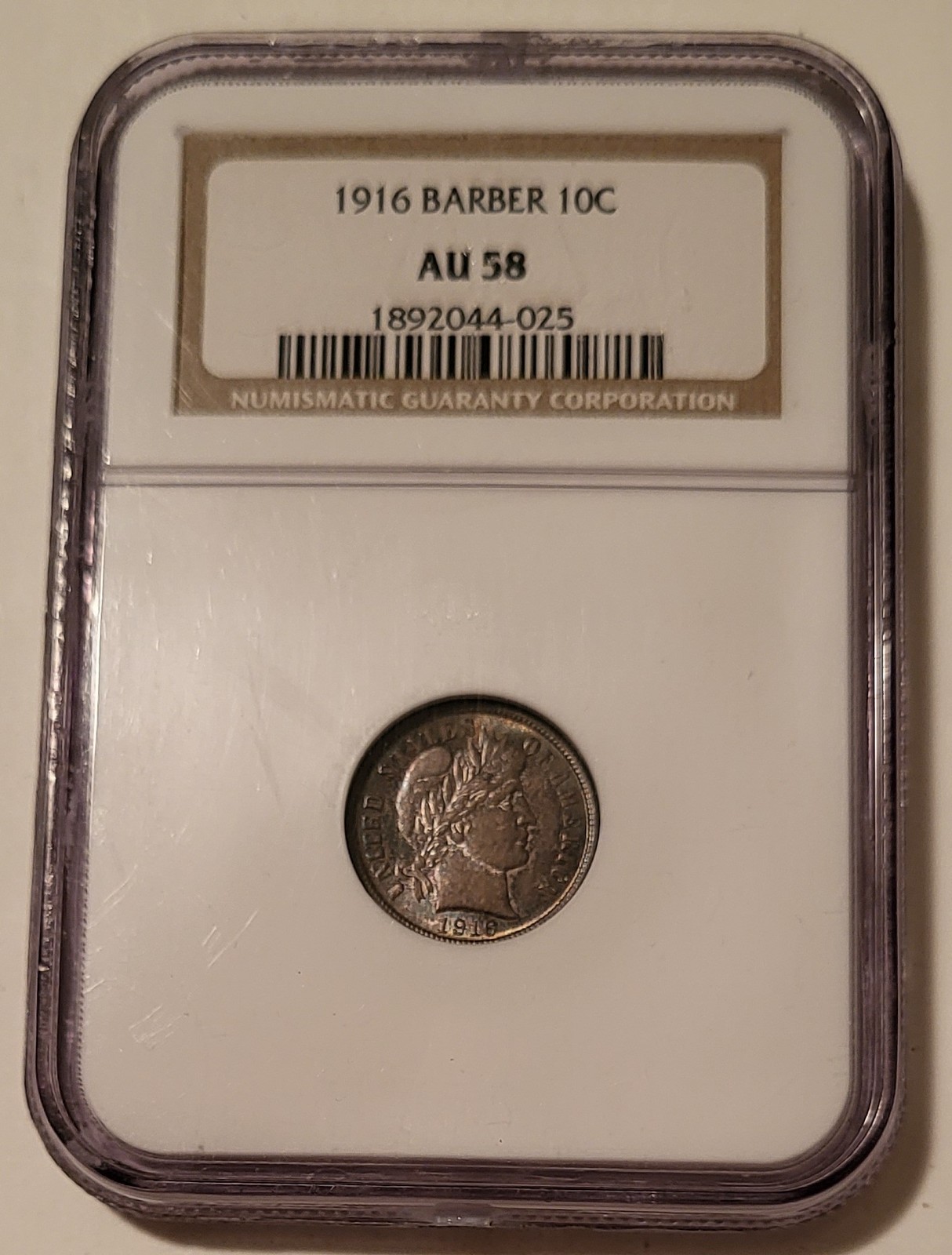 1916 Barber Dime AU58 NGC Toned