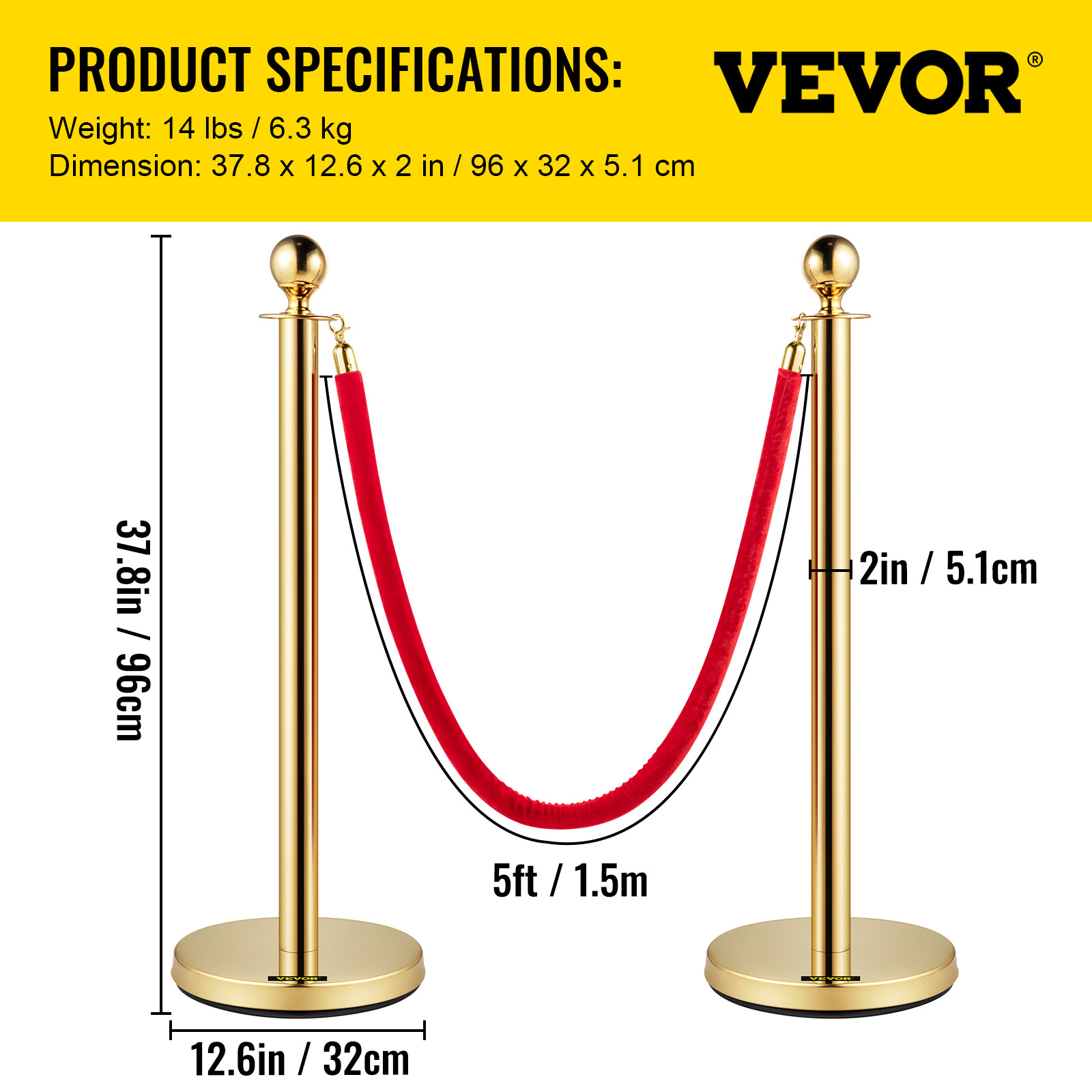 4PCs Crowd Control Stanchion Gold Posts Set w/ Red Velvet Rope Queue Barrier