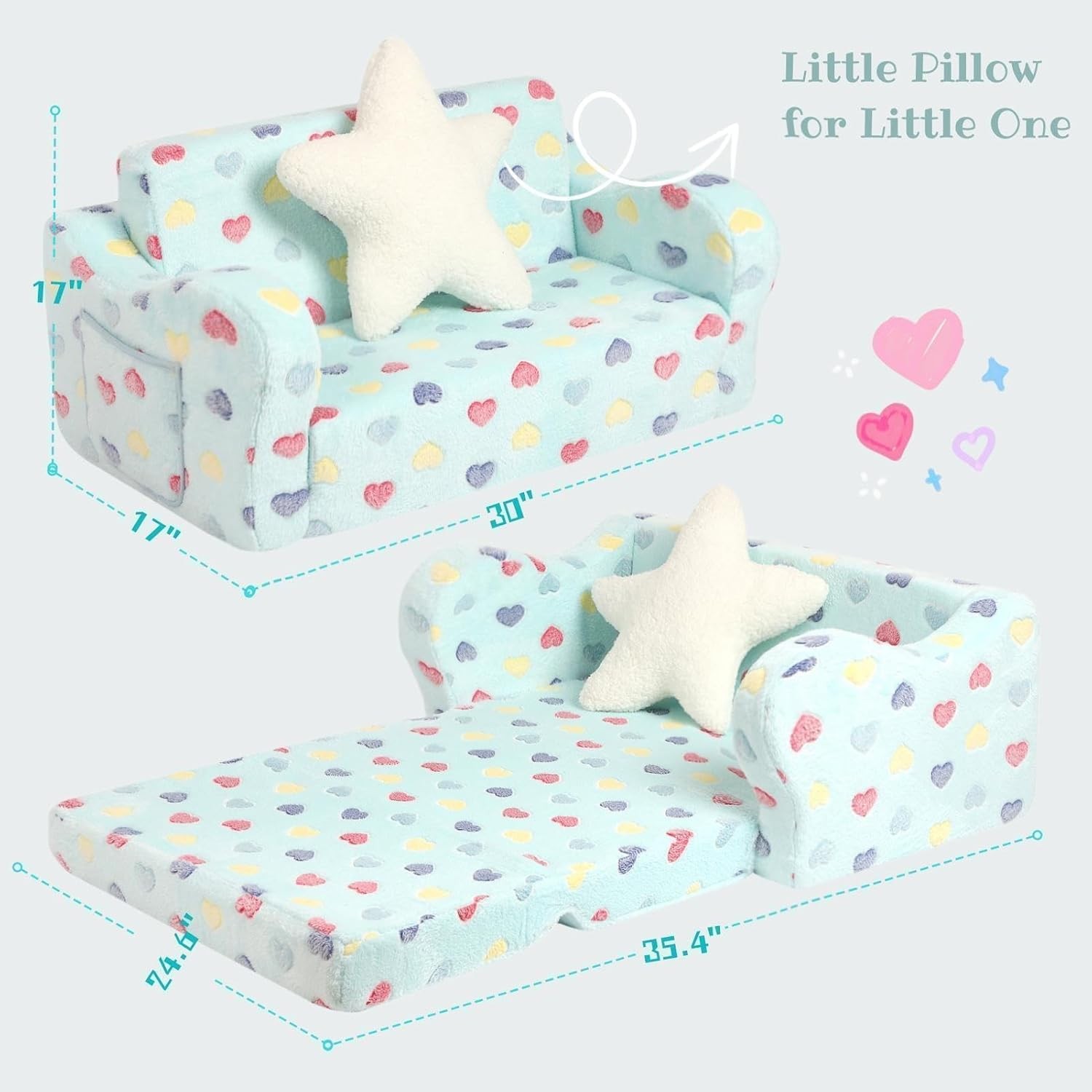 Toddler Couch 2-in-1 Kids Soft Couch Fold Out W/ Star Pillow Foldable