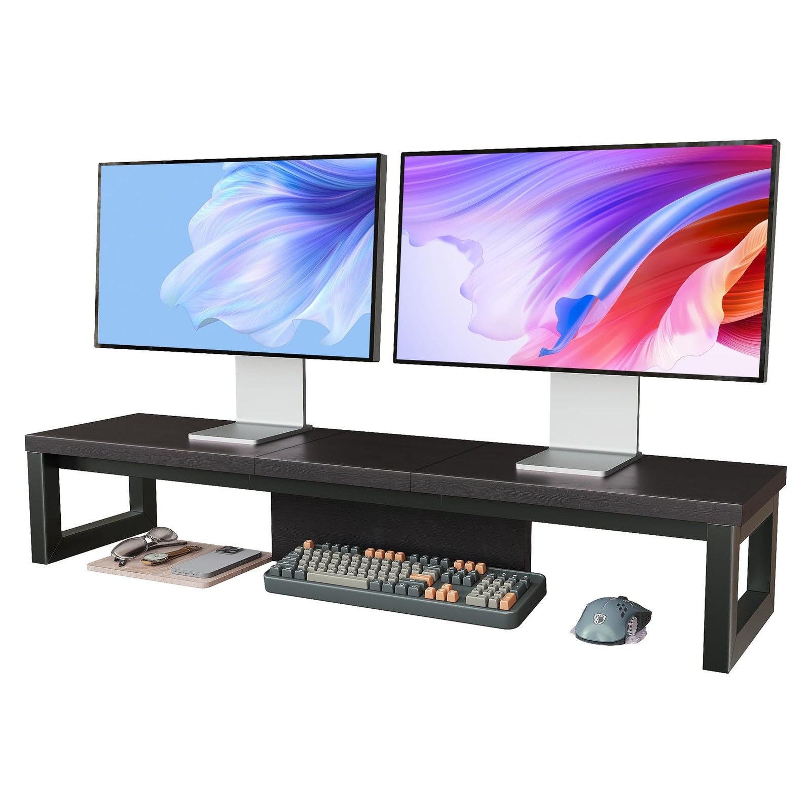 Dual Monitor Stand Riser, Wood and Steel Monitor Stand for Desk, Multi-Purpos...