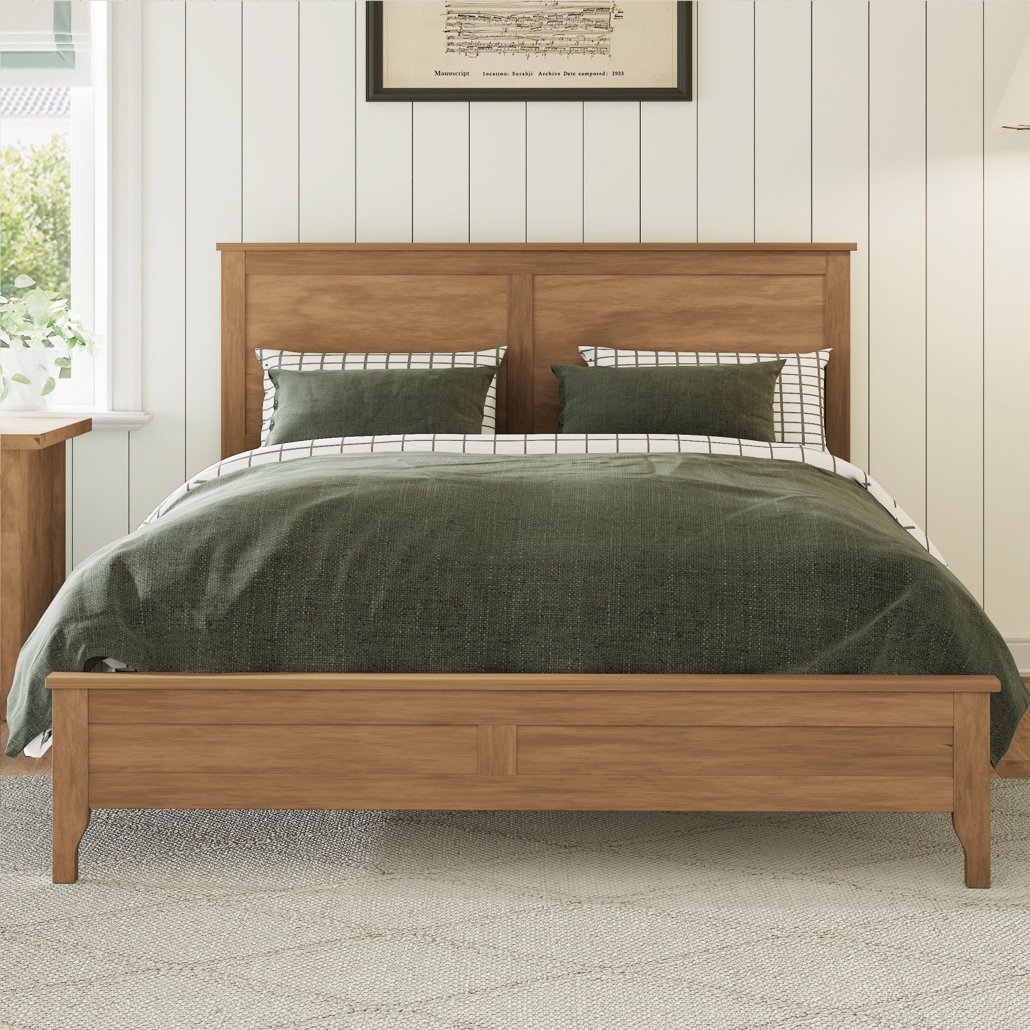 Queen/King Size Bed Frame Modern Solid Wood Platform Bed with Wood Headboard