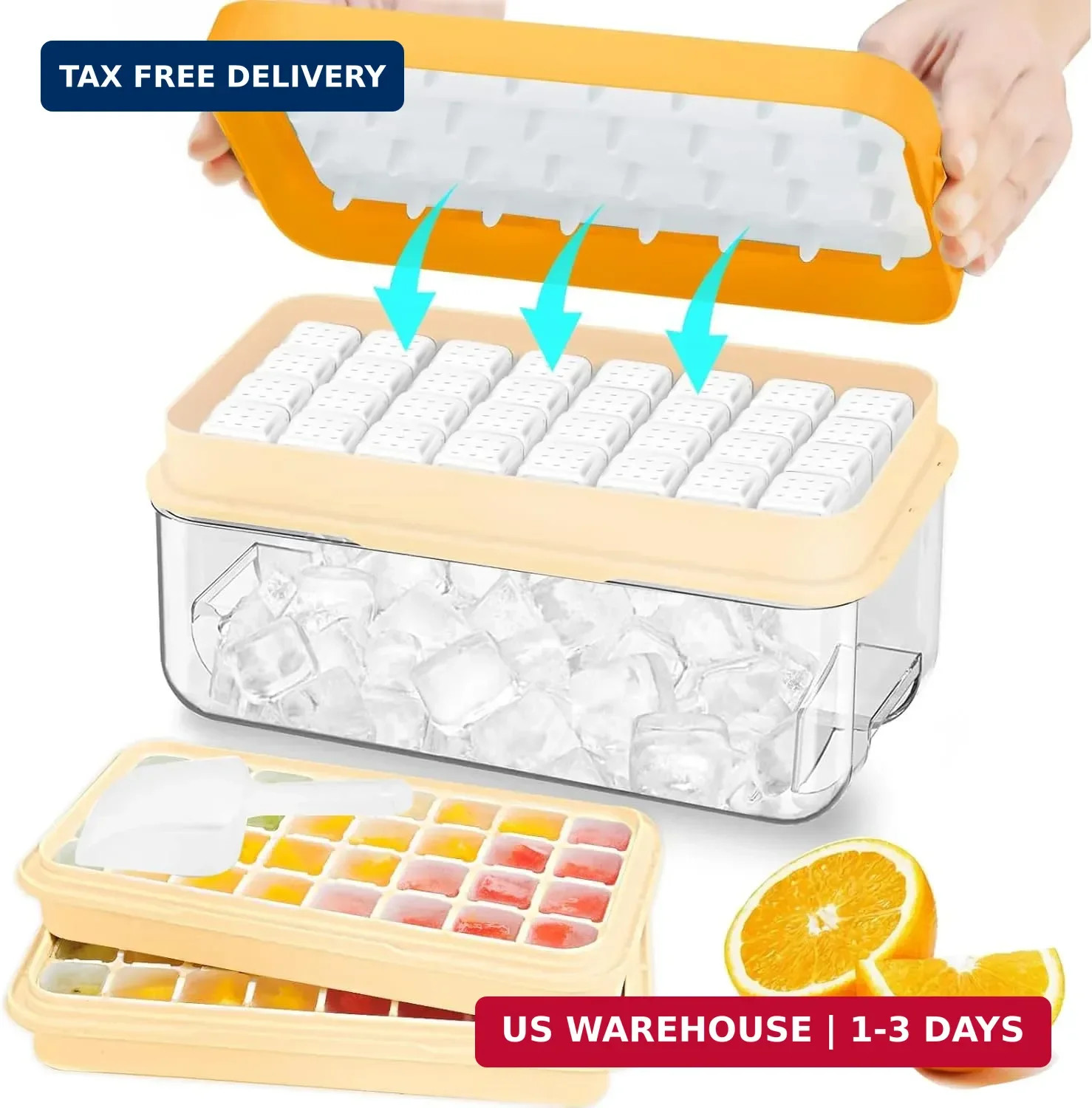 Ice Cube Tray with Lid and Bin, 64 pcs Ice Tray Kit with Ice Scoop, Ice Cube Pop