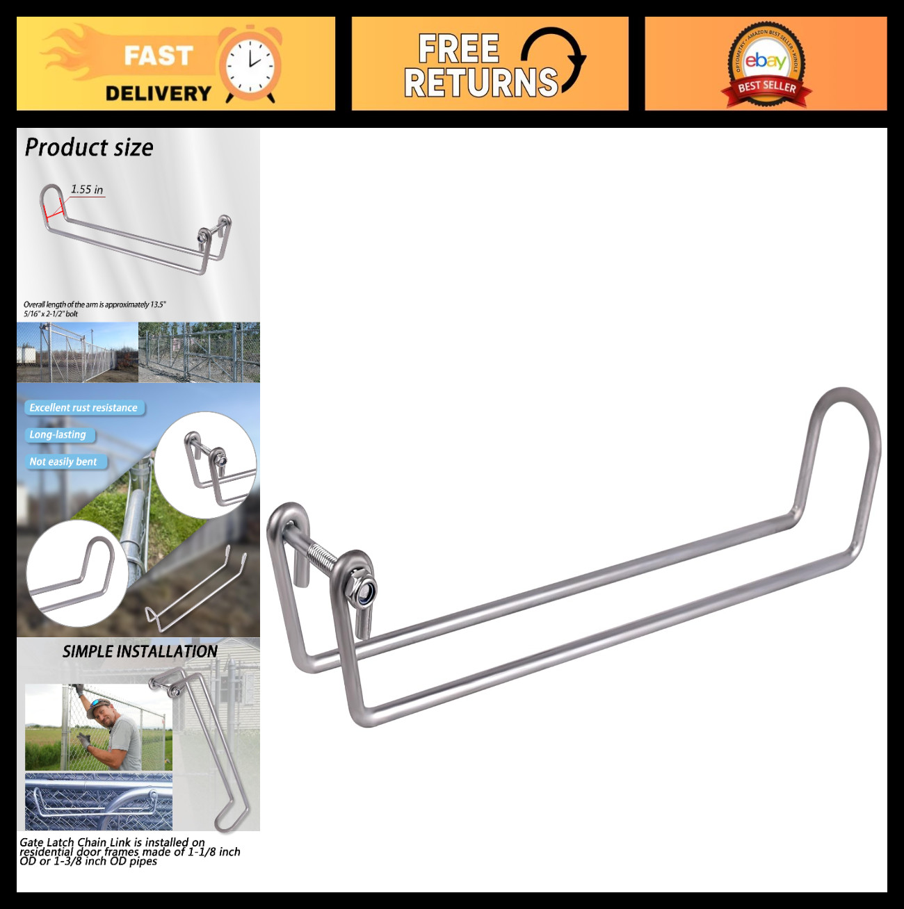 Double Driveway Chain Link Gate Latch - Wire Arm Over Throw for 1-1/8" & 1-3/8"