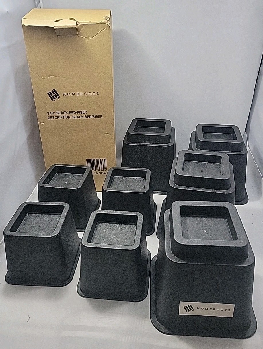 8 Piece Black Furniture Bed Risers 1100lb Capacity 4 Small/Large Heavy Duty New