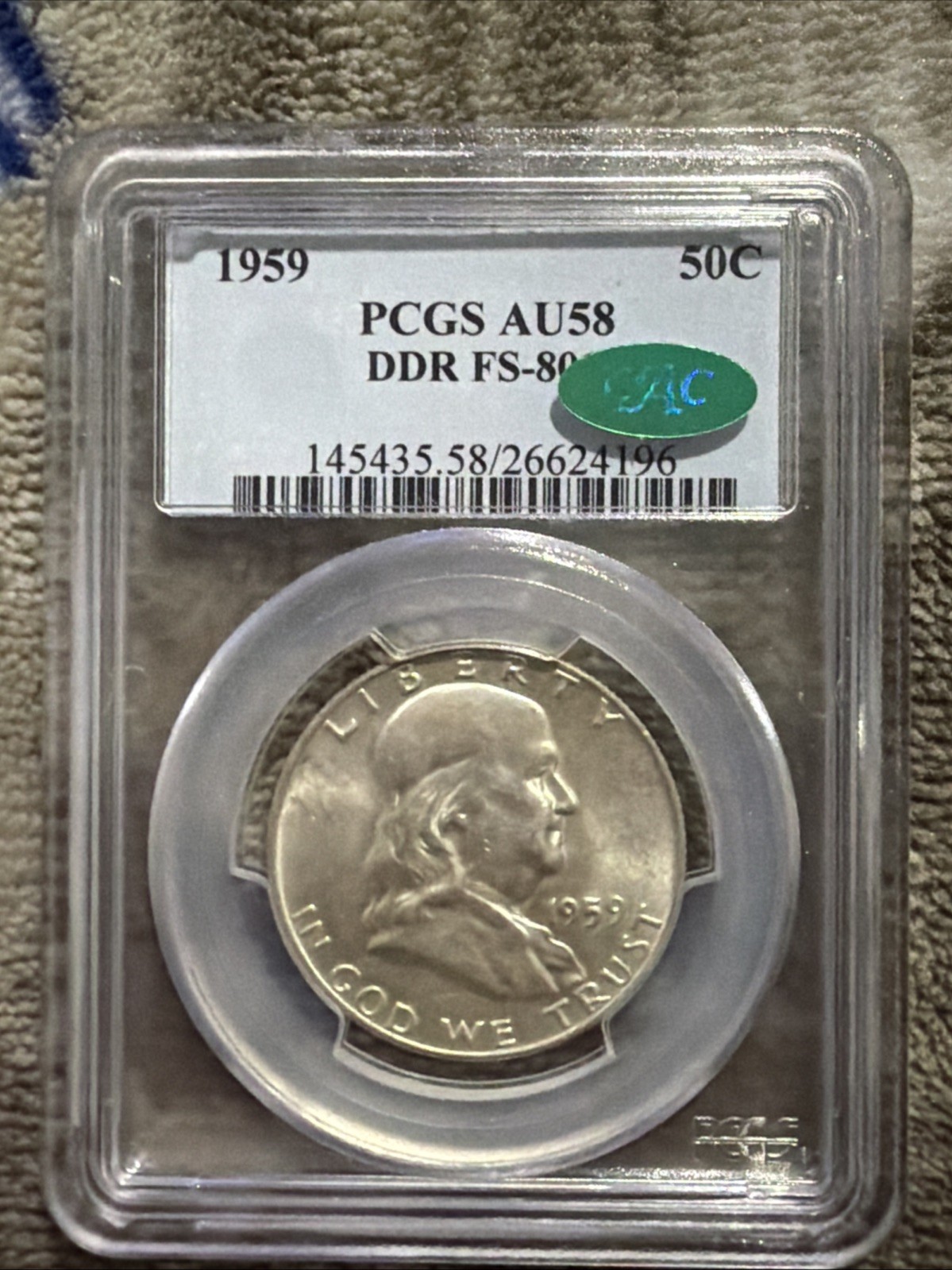 1959 DDR FS-801 Franklin Half Dollar, PCGS AU58 CAC Sticker