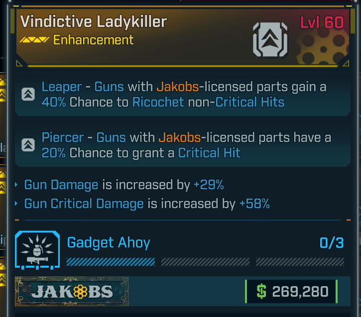 Borderlands 4⭐VINDICTIVE LADYKILLER ENHANCEMENT⭐JAKOBS⭐GUN DMG, GUN CRIT