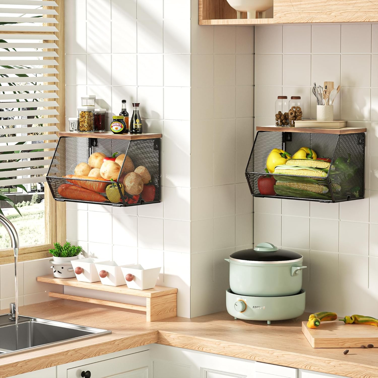 Stackable Fruit Basket for Kitchen Countertop Space Saving, Wall Mounted Mesh
