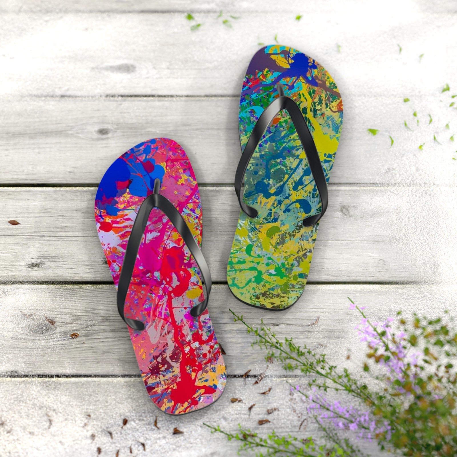 Paint Splatter Beach Sandals, Slides for Summer, Flip Flops, Water Resistant