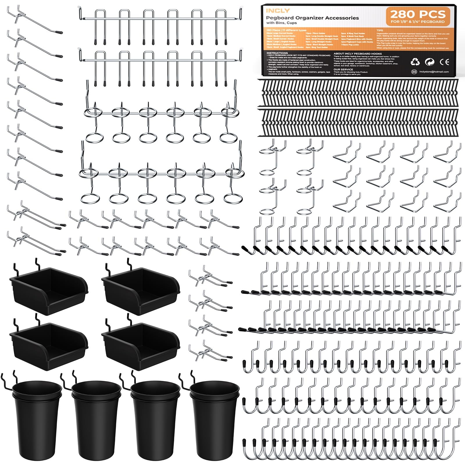 INCLY 280PCS Upgraded Pegboard Accessories Organizer Kit, Peg 280 PCS, Silver