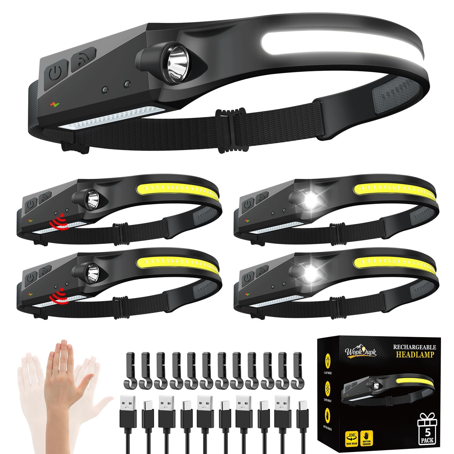Rechargeable Headlamp 5PCS, 230° LED Head Lamp, Lights for 5Pack, Black