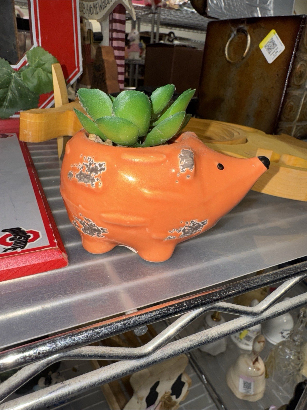 Small Hedgehog Artificial Succulent Cactus Orange Planter  - Adorable!