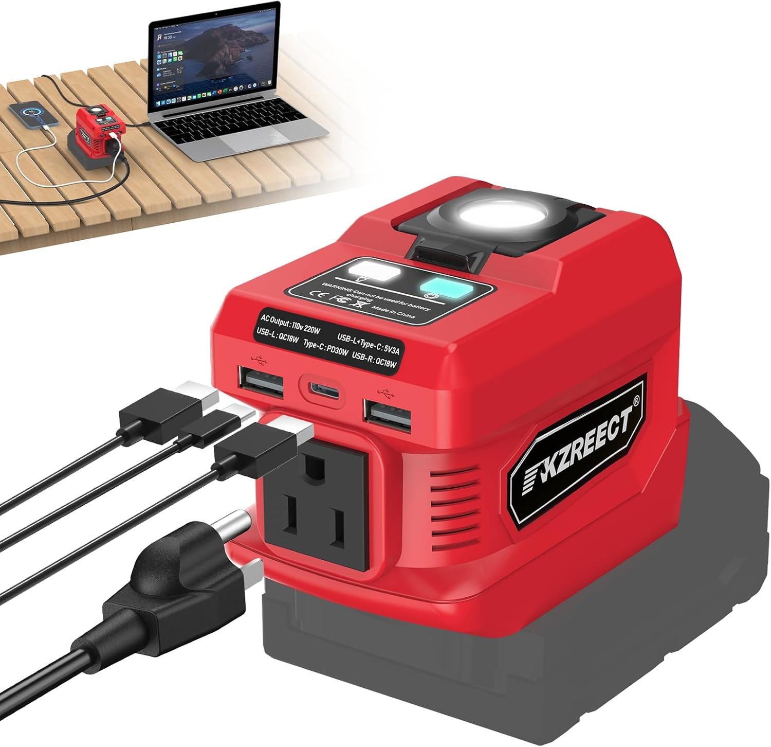 200W Power Inverter for Milwaukee M18 Battery w/ LED Light USB-C PD 30W AC 110V