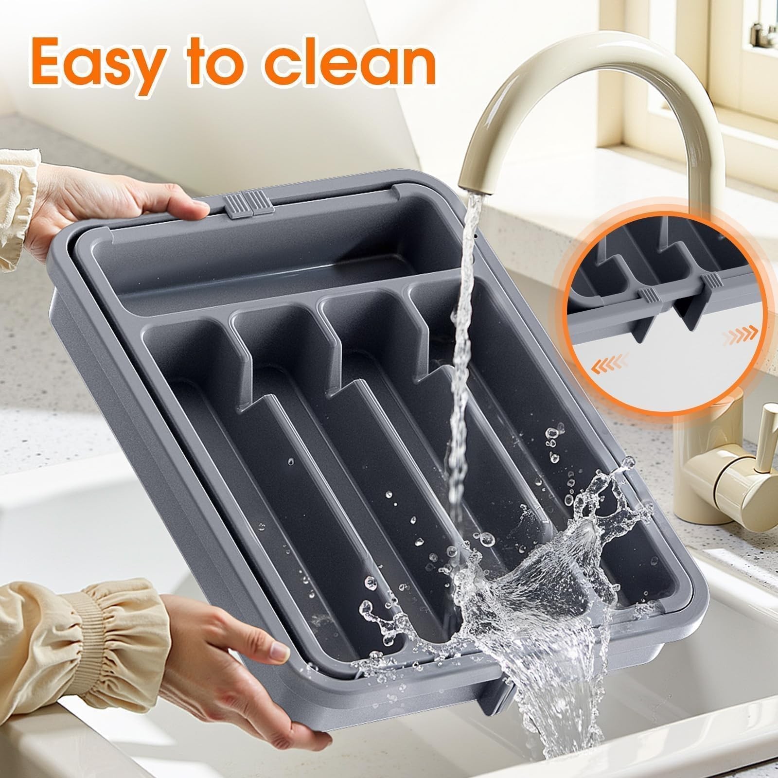 SpaceHacks Silverware Organizer，Adjustable & Expandable Utensil Medium, Grey