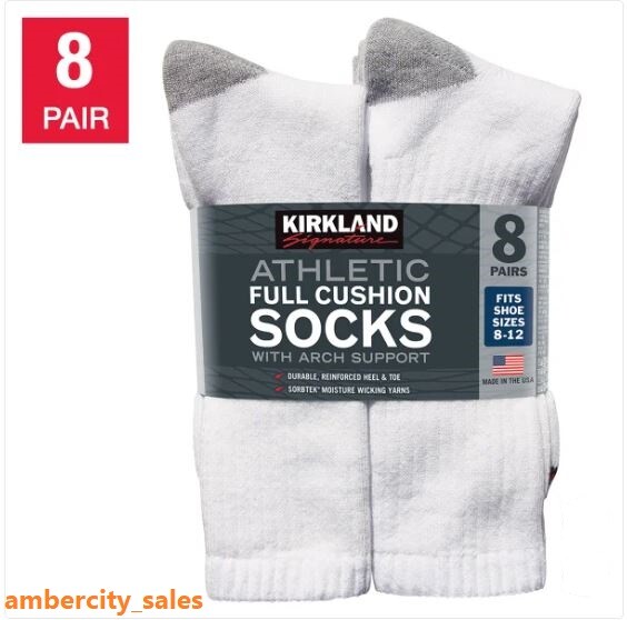 Kirkland Signature Men’s Athletic Socks 8 Pack Package White ~ Made in USA ~