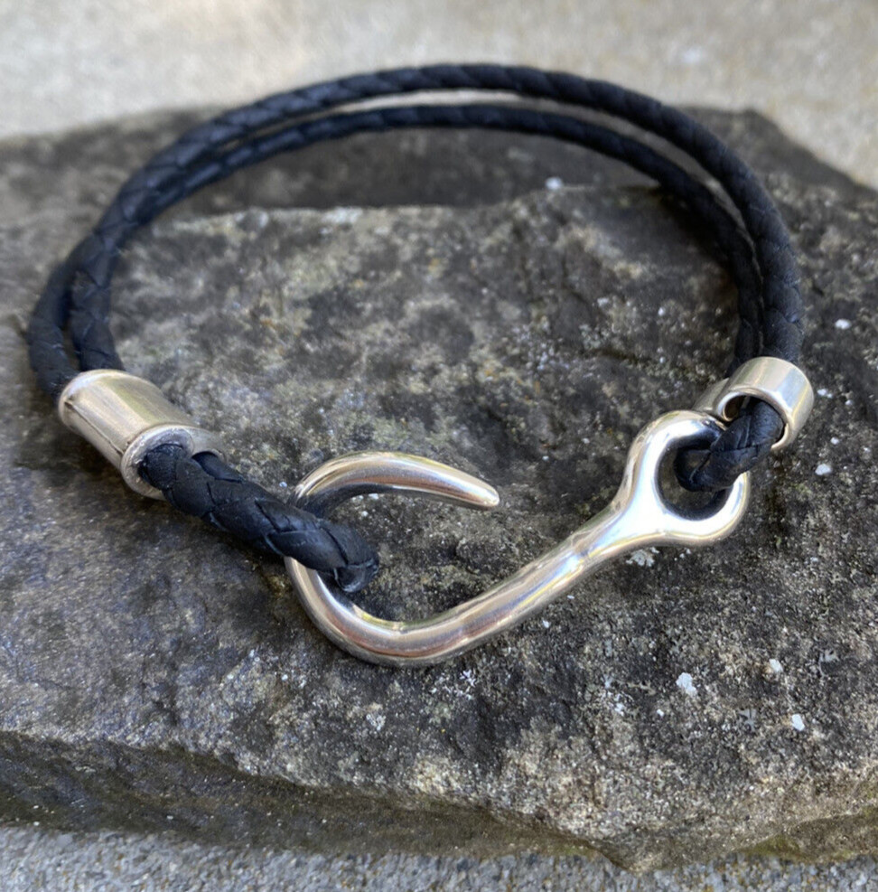 Black Breaded Leather Sterling Silver Hook Bracelets