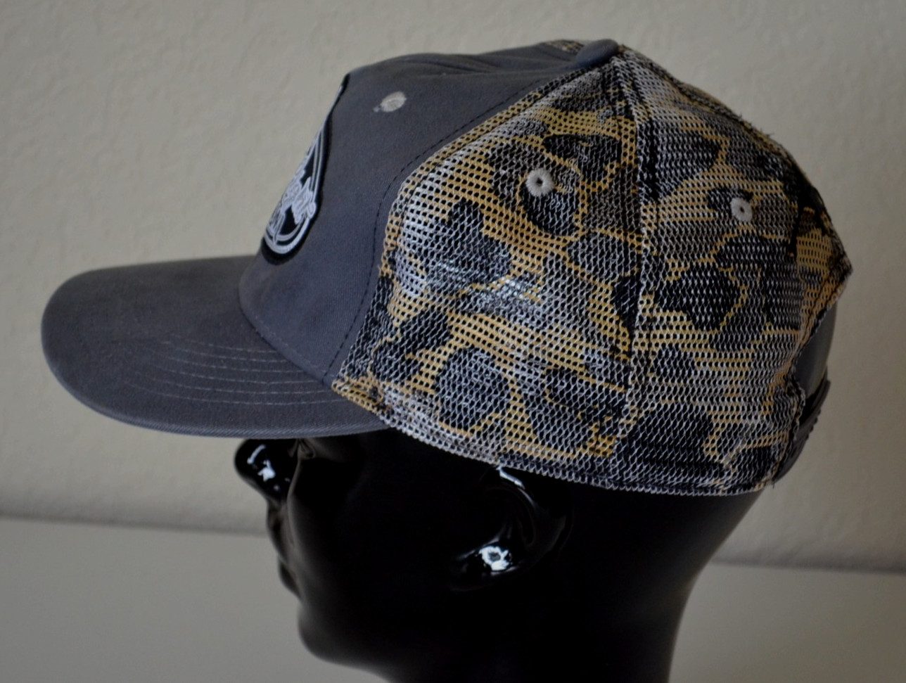 RIG'EM RIGHT WATERFOWL GRAY TRUCKER HAT WITH VINTAGE CAMO MESH AND LOGO PATCH