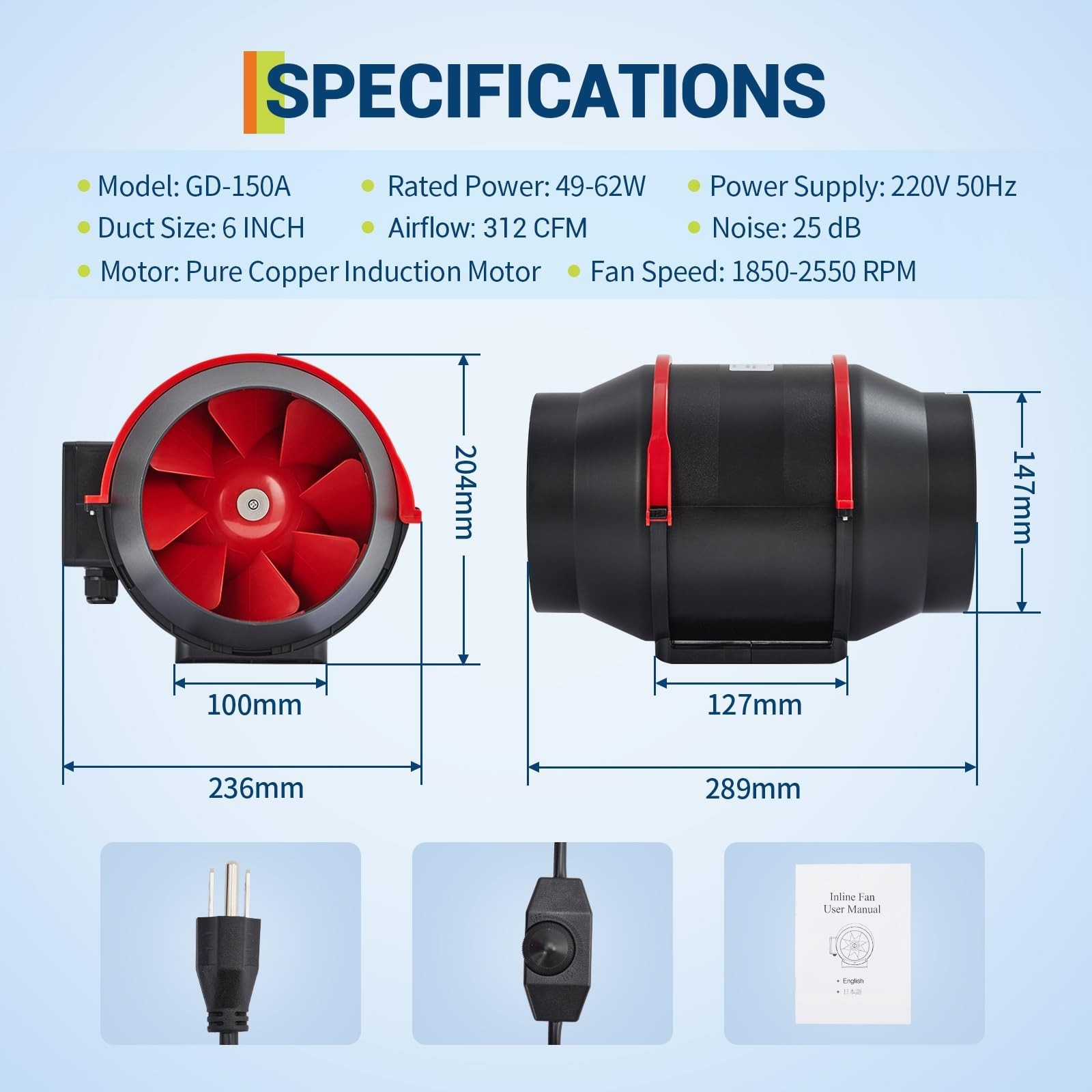 6" Inline Duct Fan 312 CFM Ventilation Exhaust Fan with Variable Speed Contro...