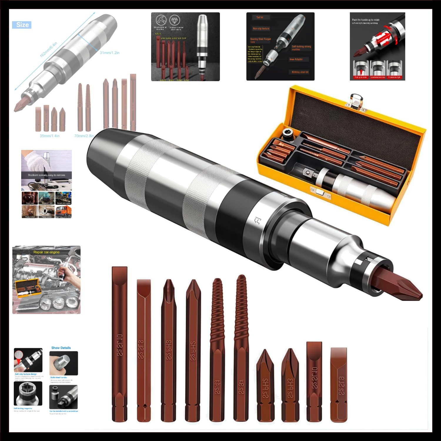 12 PCS Hammer Impact Screwdriver Set with S2 Alloy Steel Bits, Manual Hand Im...