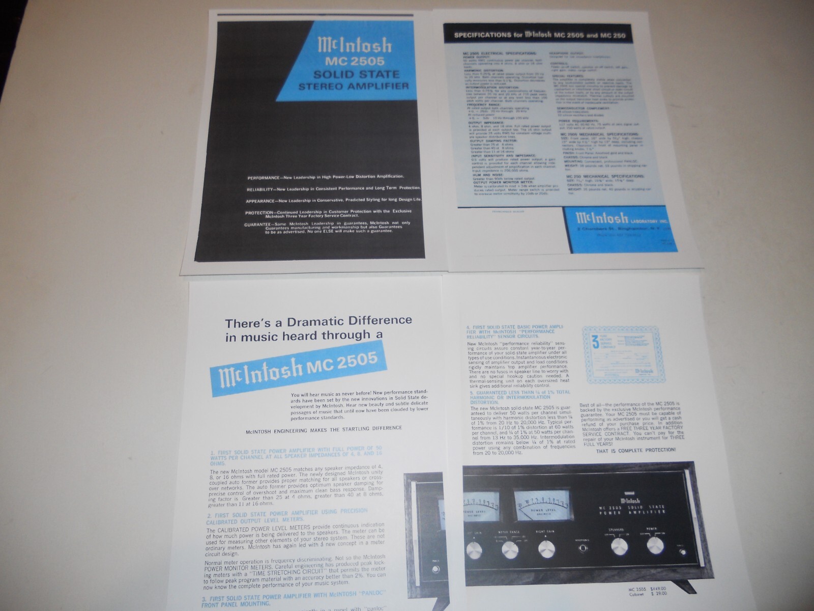 McIntosh MC-2505 Amplifier Brochure 4 pages, Specs/Info/Articles 1971