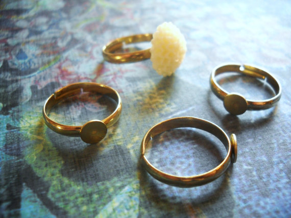 4 Adjustable Ring Blanks Gold Settings Brass with Pad Glue on Rings Wholesale