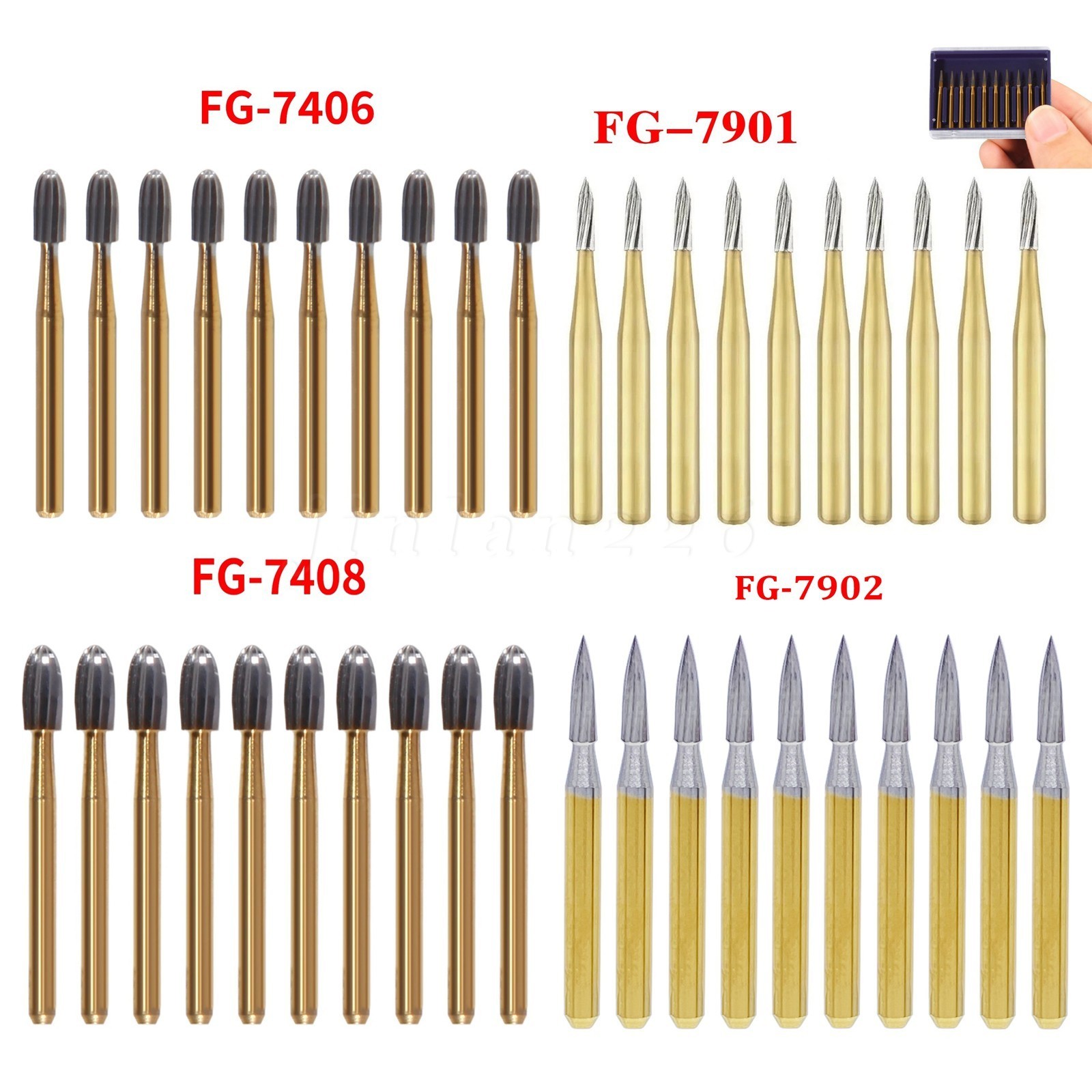 Gold Dental Burs Trimming & Finishing Tungsten Carbide FG 7901/7902/7406/7408
