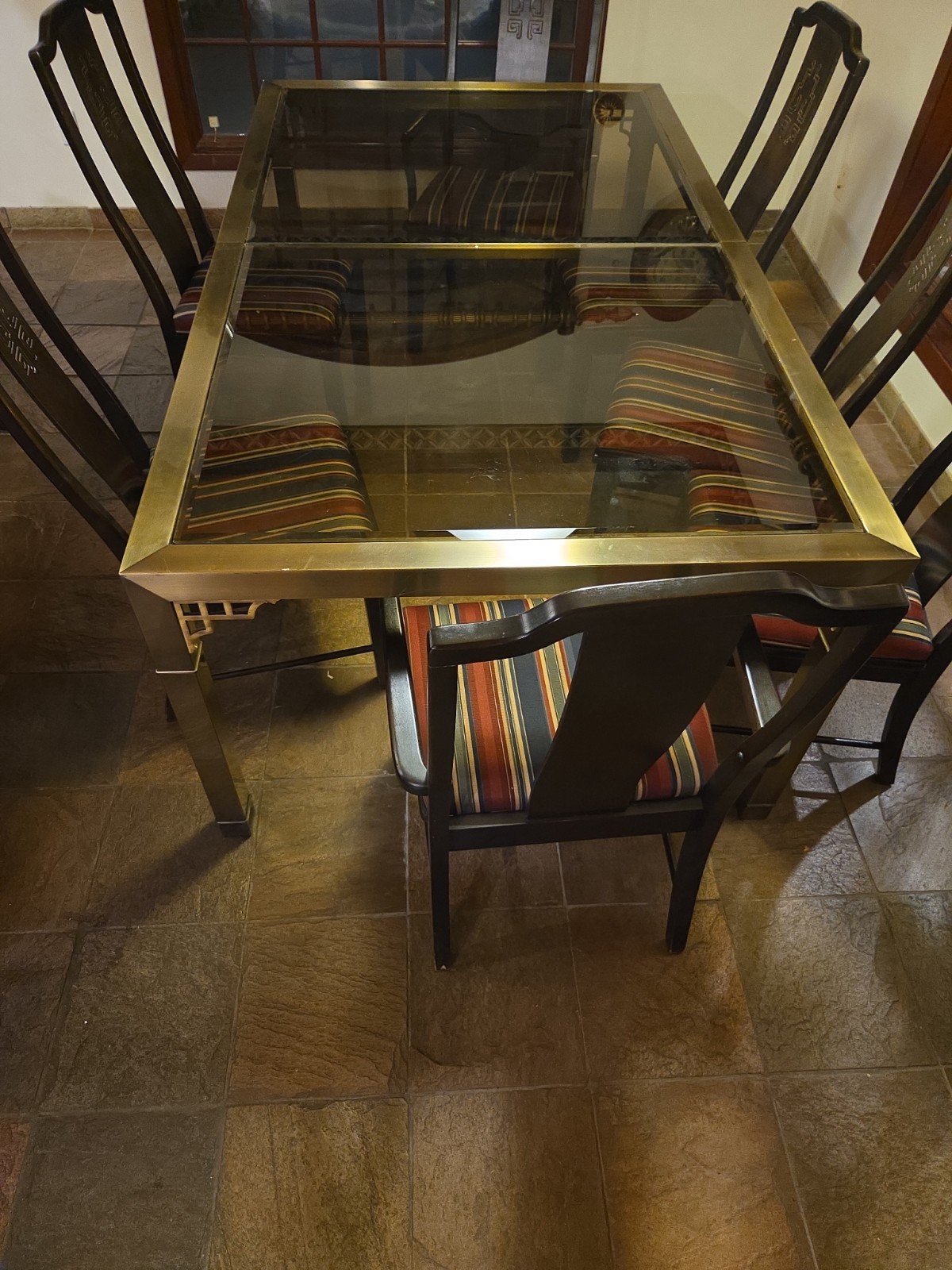 Large 76 By 45 Inch Glass Dining Table and 7 Chairs Brass Frame Asian Style