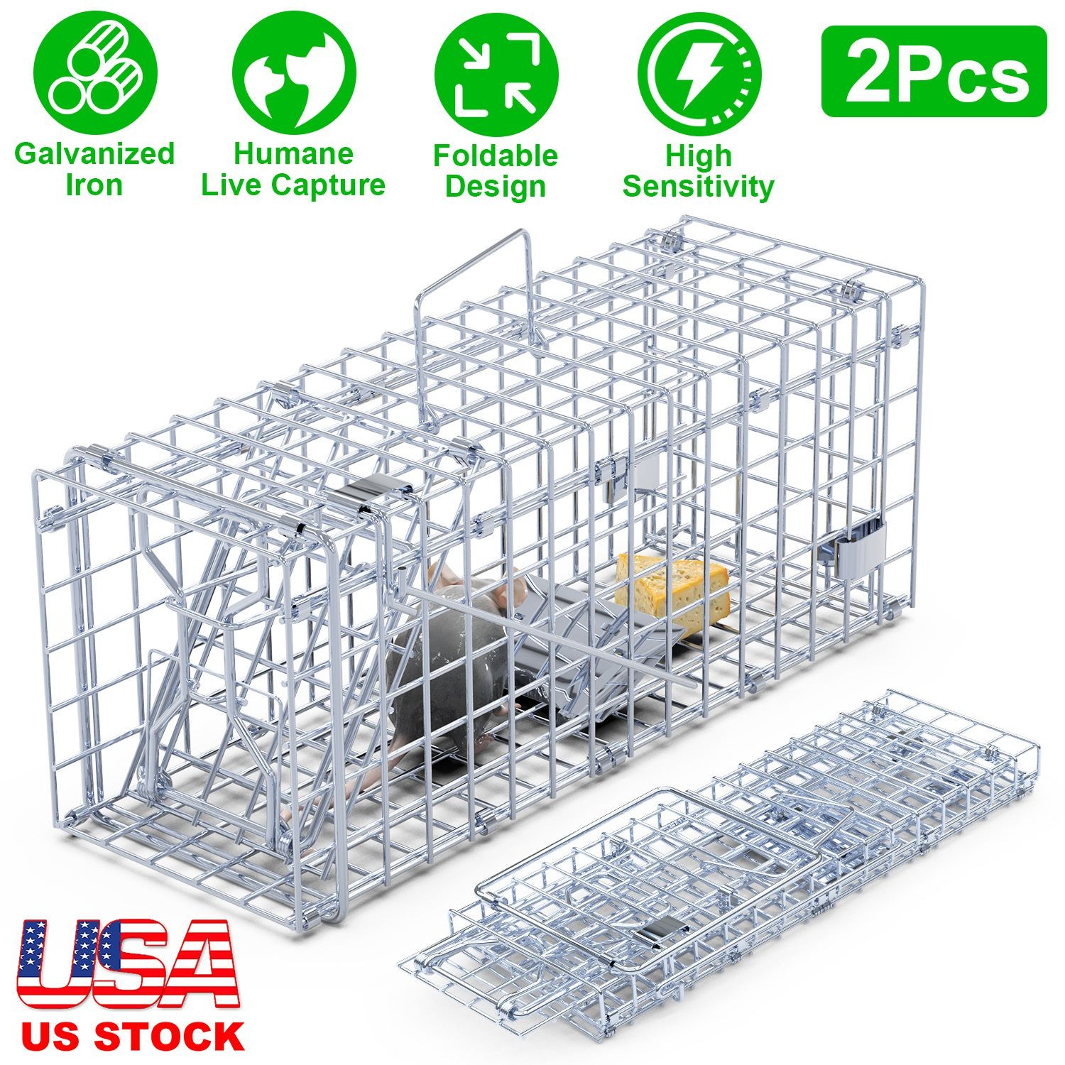 2-Pack Humane Rat Trap Cage - Foldable Live Mouse Traps for Indoor/Outdoor Use
