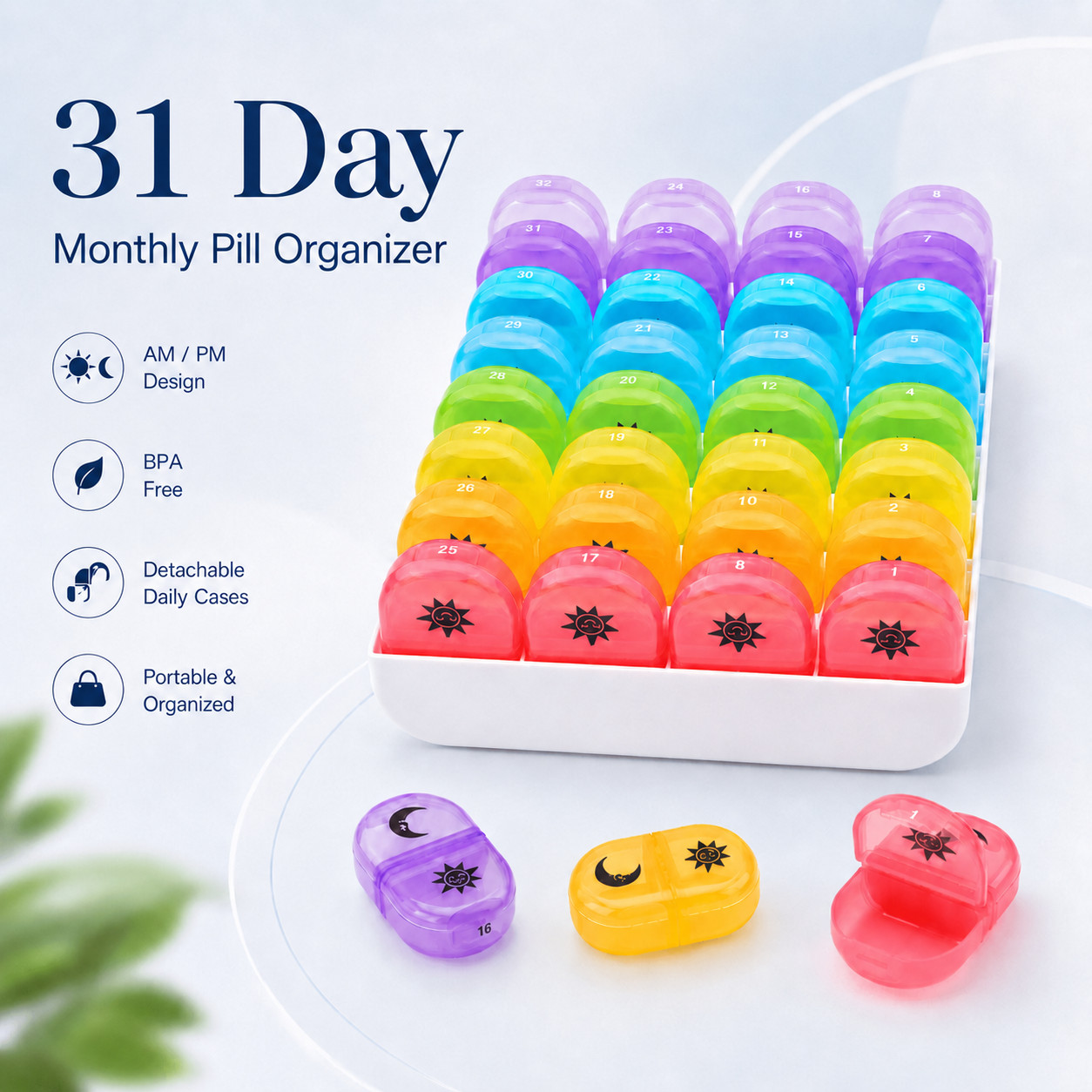 31 Day Monthly Pill Organizer AM PM BPA Free Detachable Daily Cases for Travel