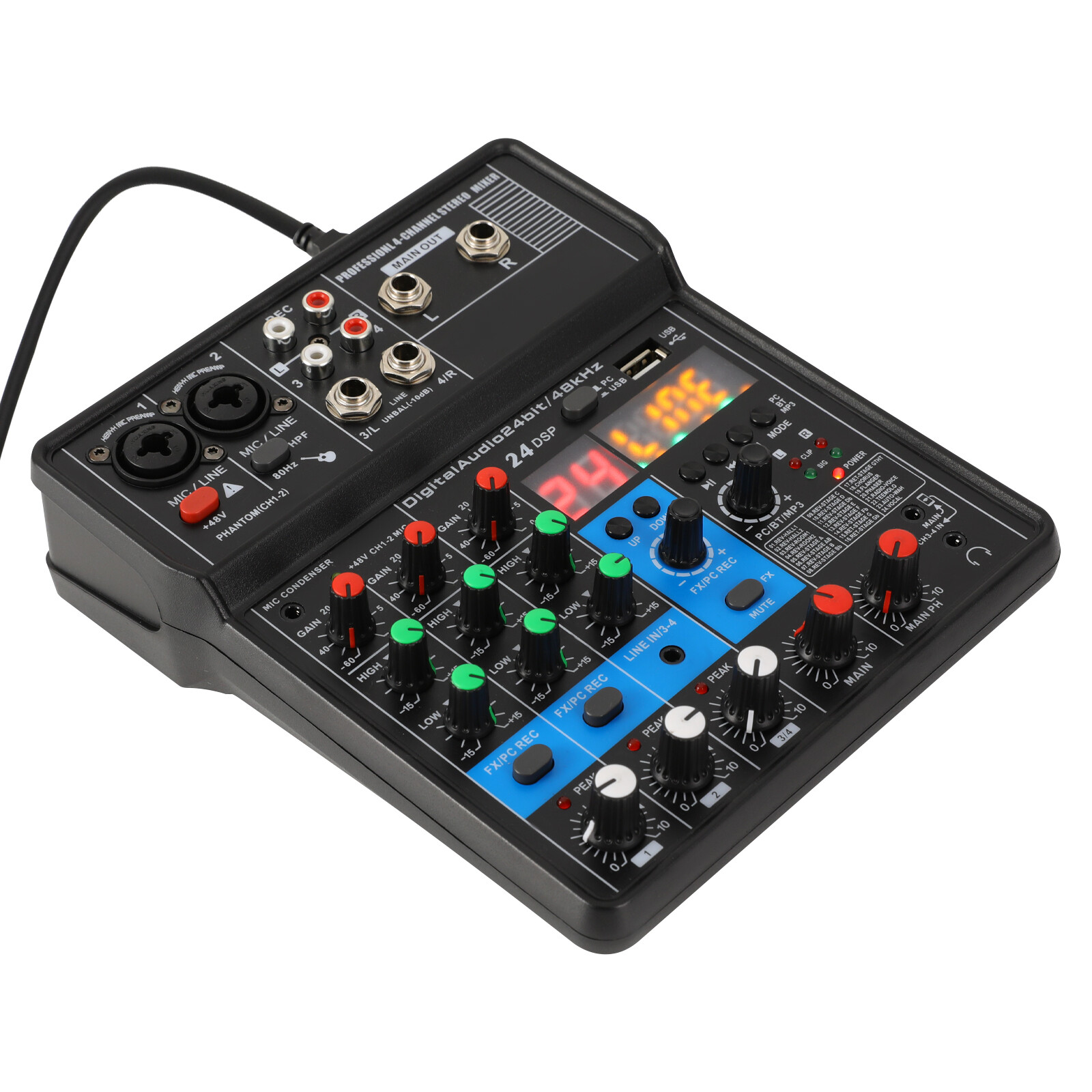 Mini Audio Mixer Bluetooth USB DJ Console 4 Channel Karaoke Live Studio 24 DSP