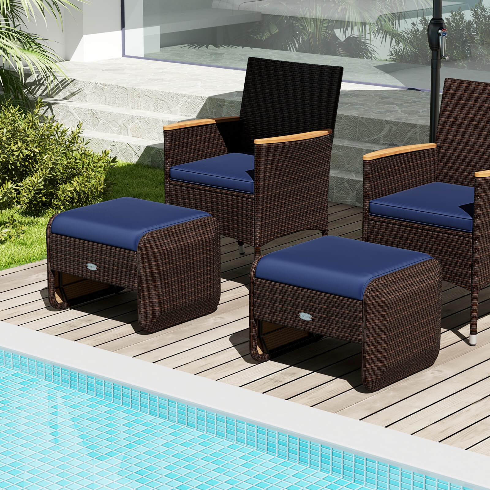 2 Pieces Outdoor Patio PE Wicker Ottomans with Removable Cushions Footstools