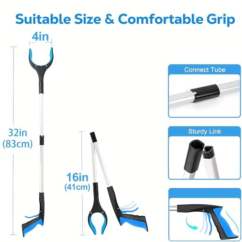 32" Grabber Reacher Tool (2-Pack), Foldable Trash Picker Upper with Blue-2pcs
