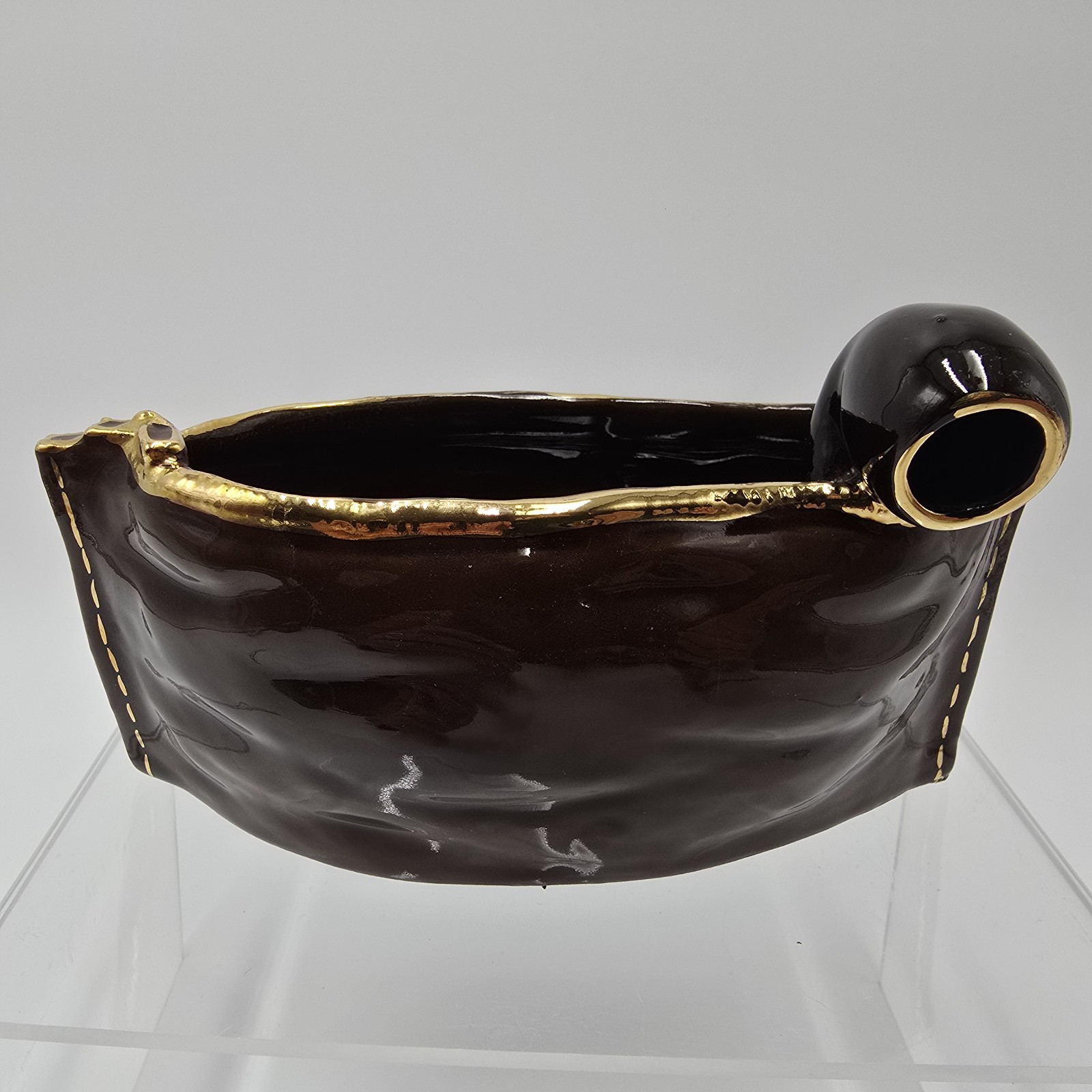 VTG Relpo Tobacco Pouch Ceramic Pottery Pipe Planter Brown w/Gold Accent Japan