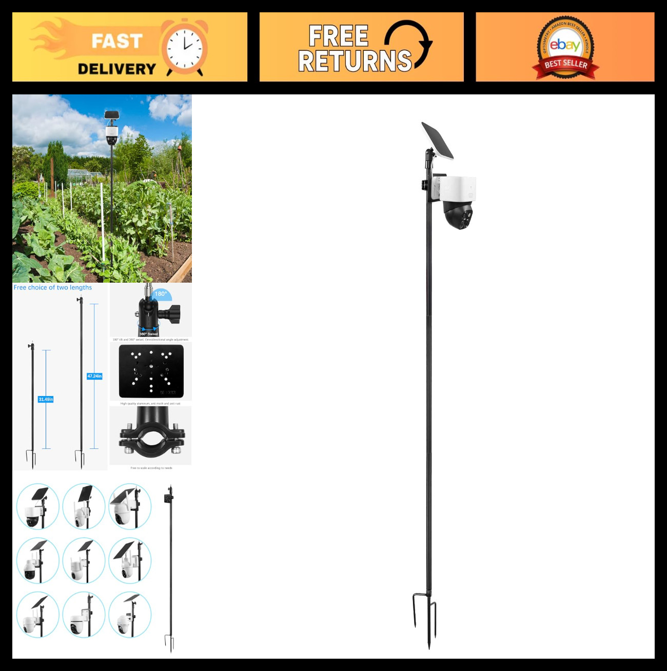 Ground Stake Mount for PTZ Cameras & Solar Panels, Fits Eufy, Reolink, Tapo, ANS