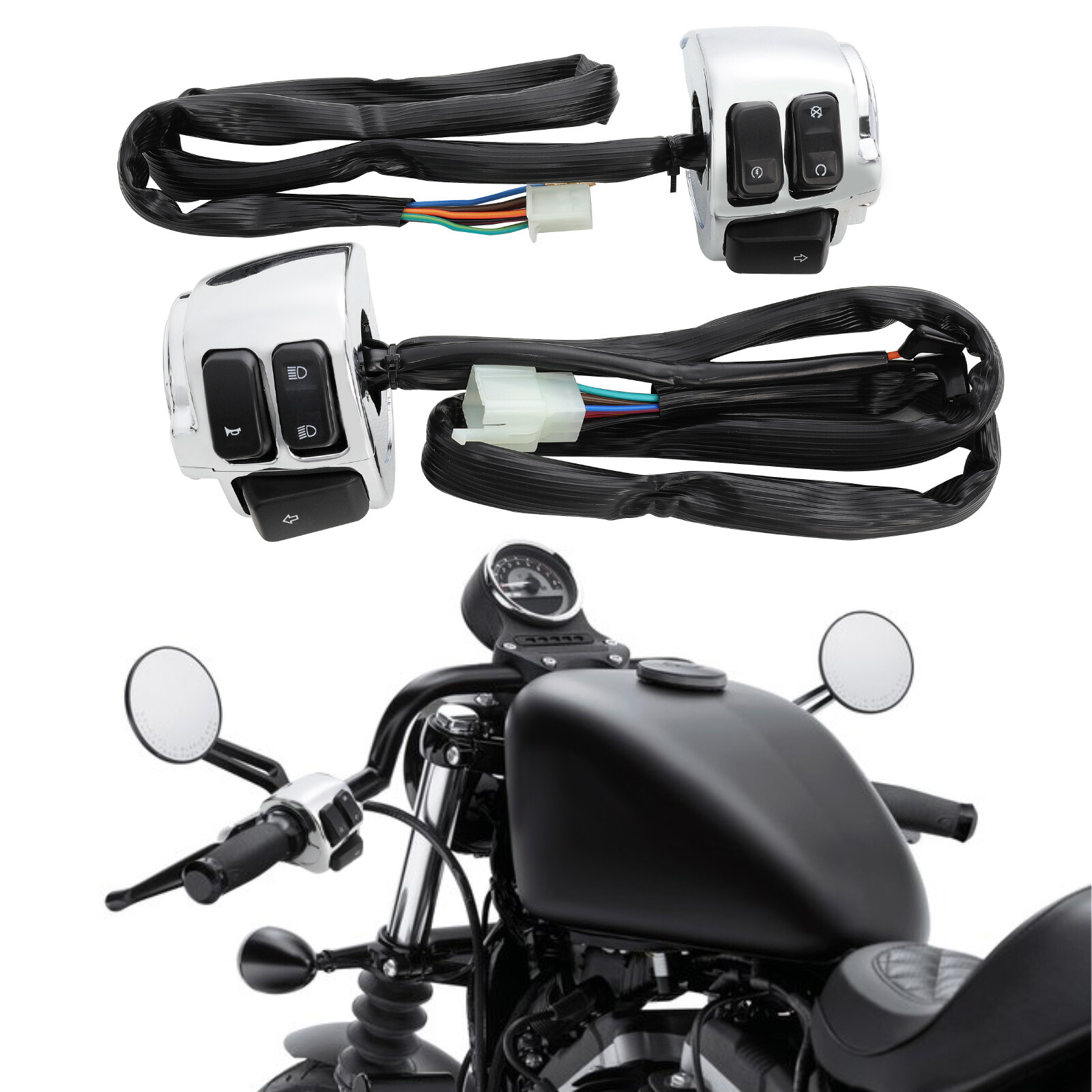 Chrome 1" Handlebar Control Switches W/Wiring Harness for Harley Cruiser Chopper