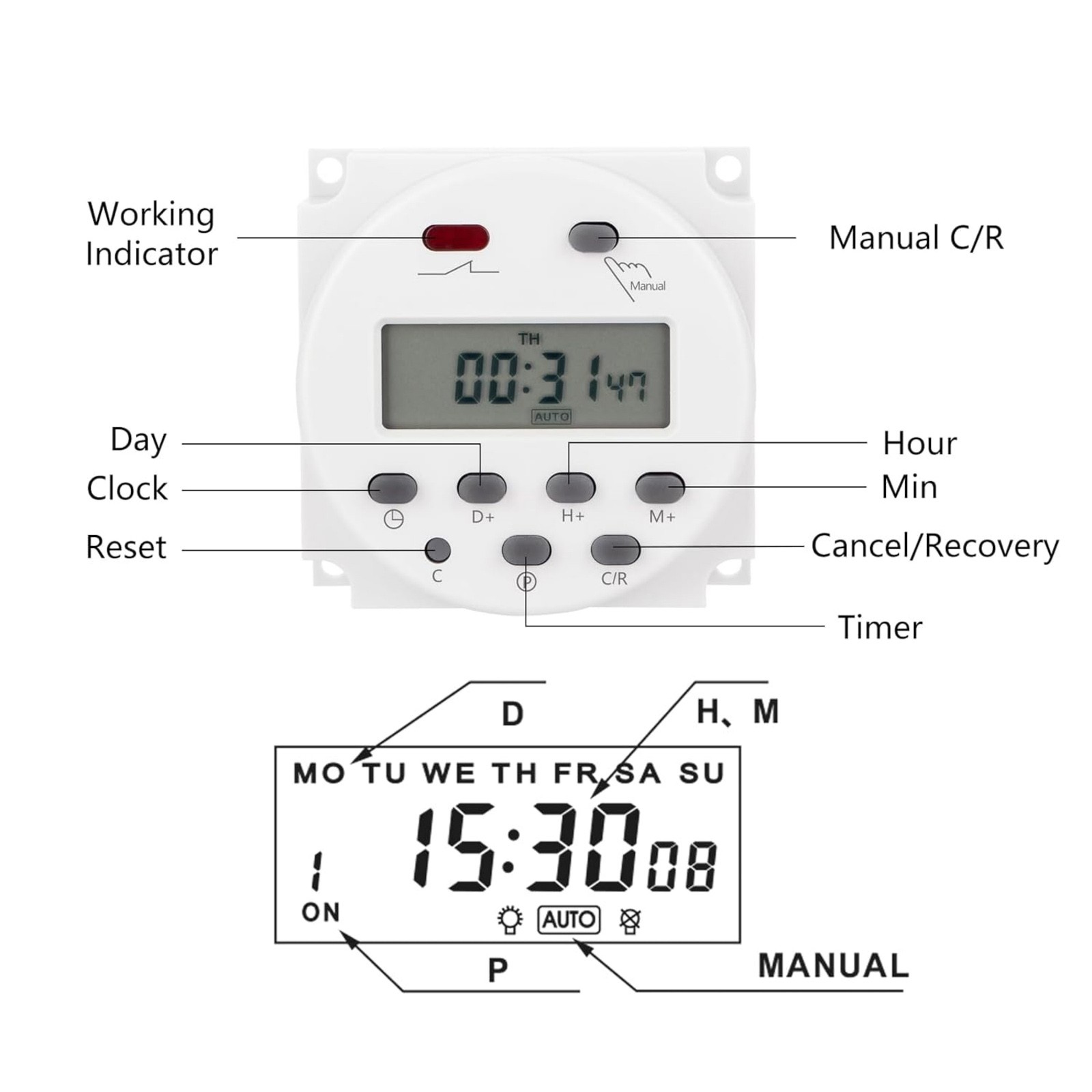 DC 12V Digital LCD Programmable Timer For Relay Switch 16A 1Min-168H Range