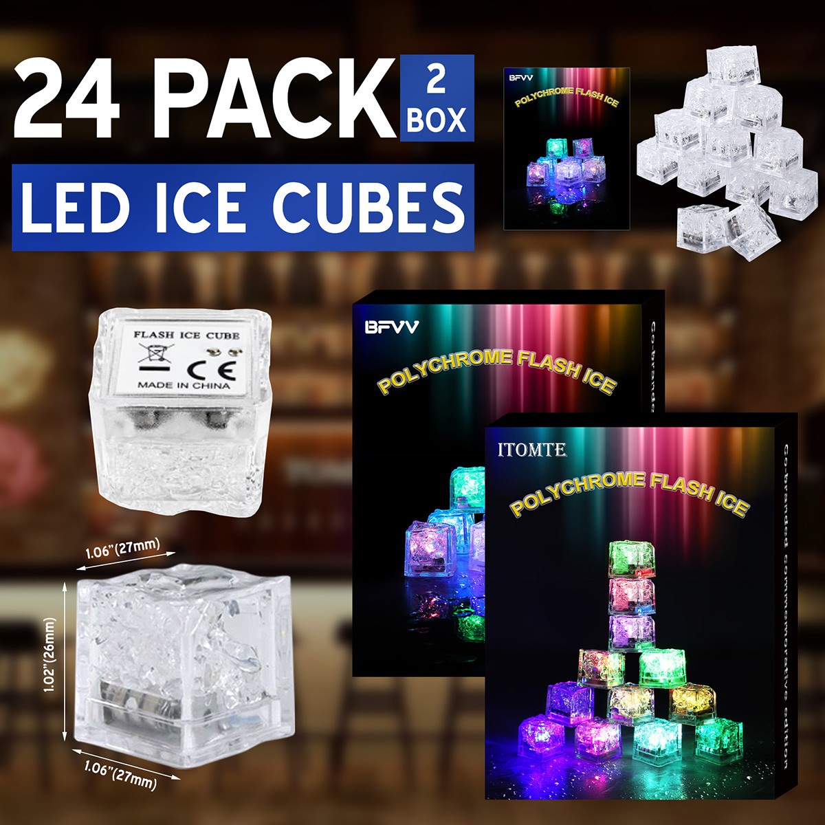 12/24 LED Ice Cubes for Drinks Cocktail Mojito RGB LED Ice Cubes for Bar Party