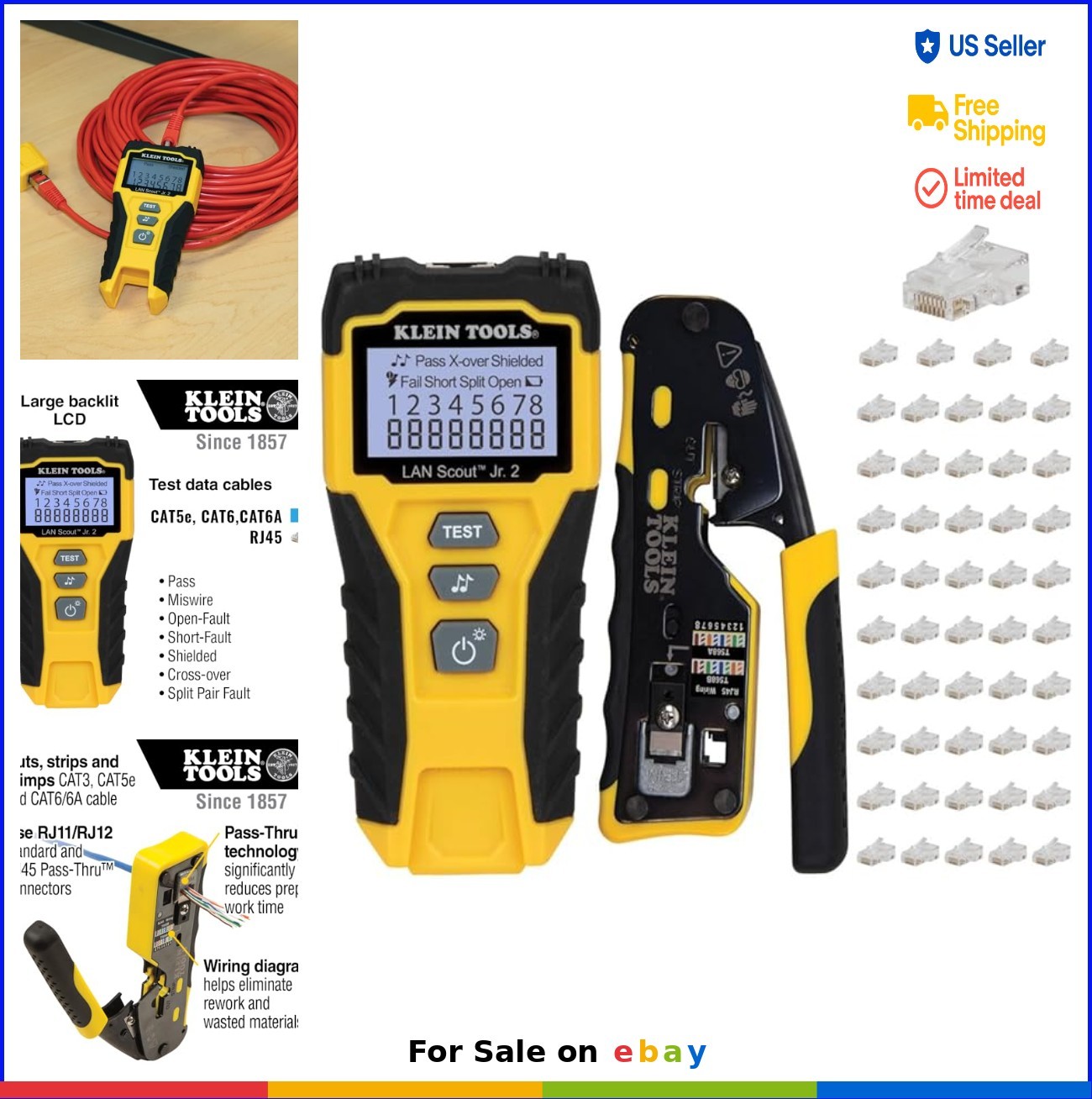 Cable Tester Kit with Crimper Stripper Cutter and 50 RJ45 Plugs for Networking