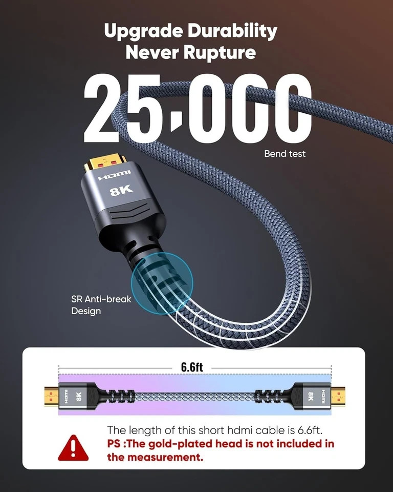 Highwings 8K 10K 4K HDMI Cable 48Gbps 6.6FT/2M, Certified Ultra High Speed HDMI