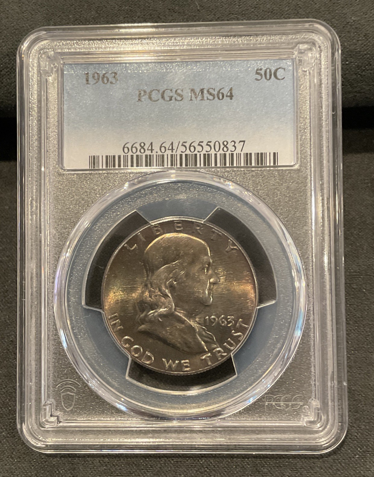 1963 P Franklin Half Dollar 50C 90% Silver PCGS MS64 Dark Rainbow Toning