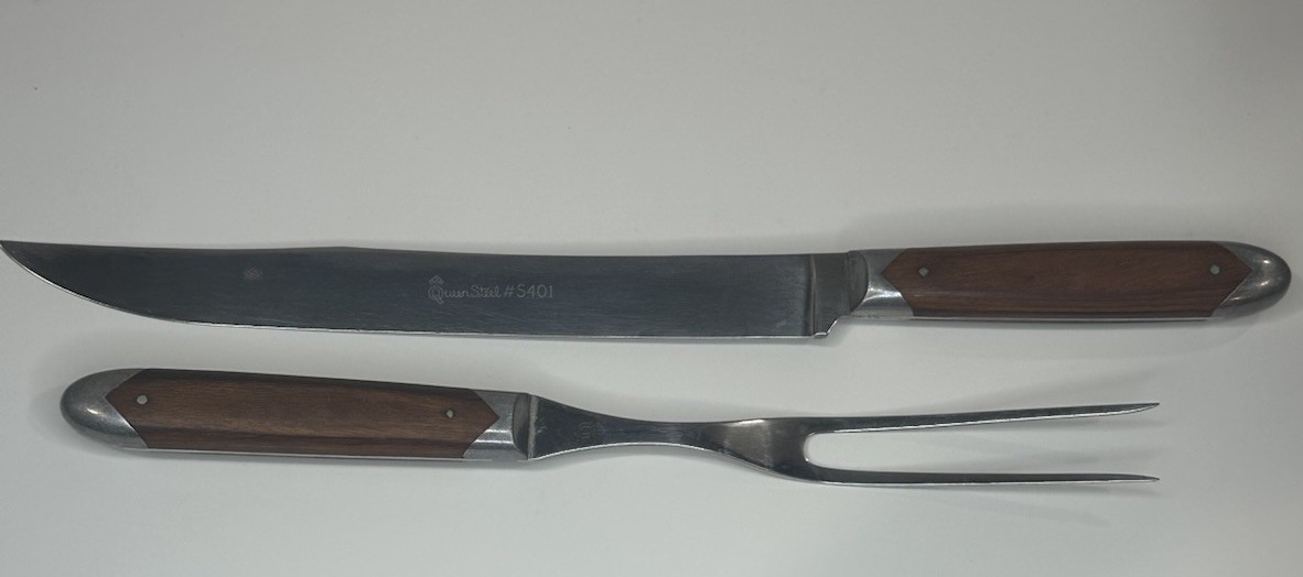 Vtg QUEEN STEEL Carving Knife & Fork, W/ Cherry Wood Scales, And Pewter Accent G