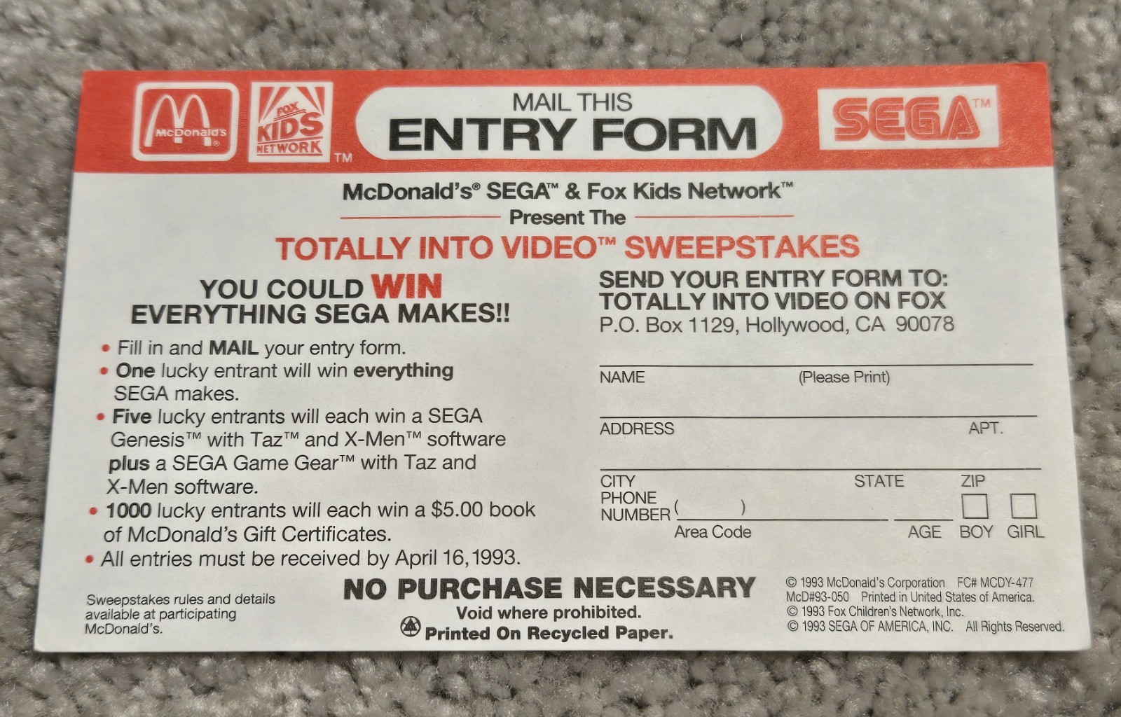 Sega McDonald's Fox Kids Totally Into Video Sweepstakes Entry Form 1993