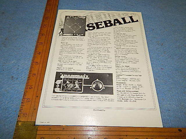 1979 Atari BASEBALL 2 Player Video Arcade Game Advertising Flyer