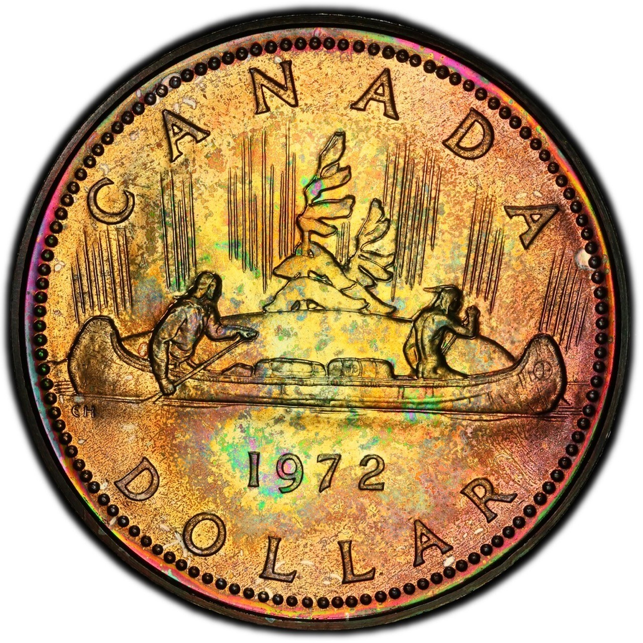 SP68 1972 $1 Canada Voyageur Silver Dollar, PCGS Trueview- Rainbow Toned