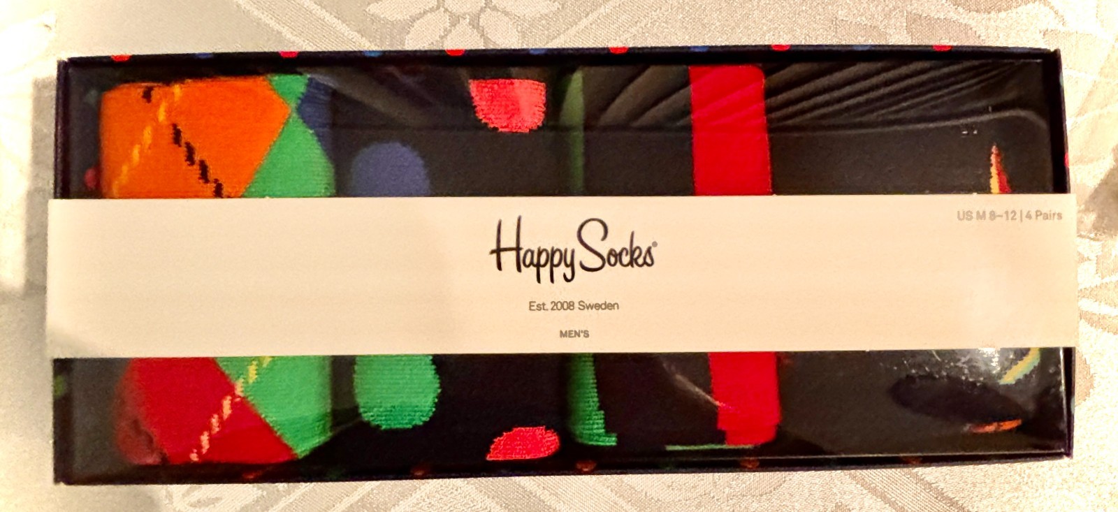 Happy Socks Men 4-Pack Gift Set Origami Argyle Dots Stripes 10-13 Navy Multi