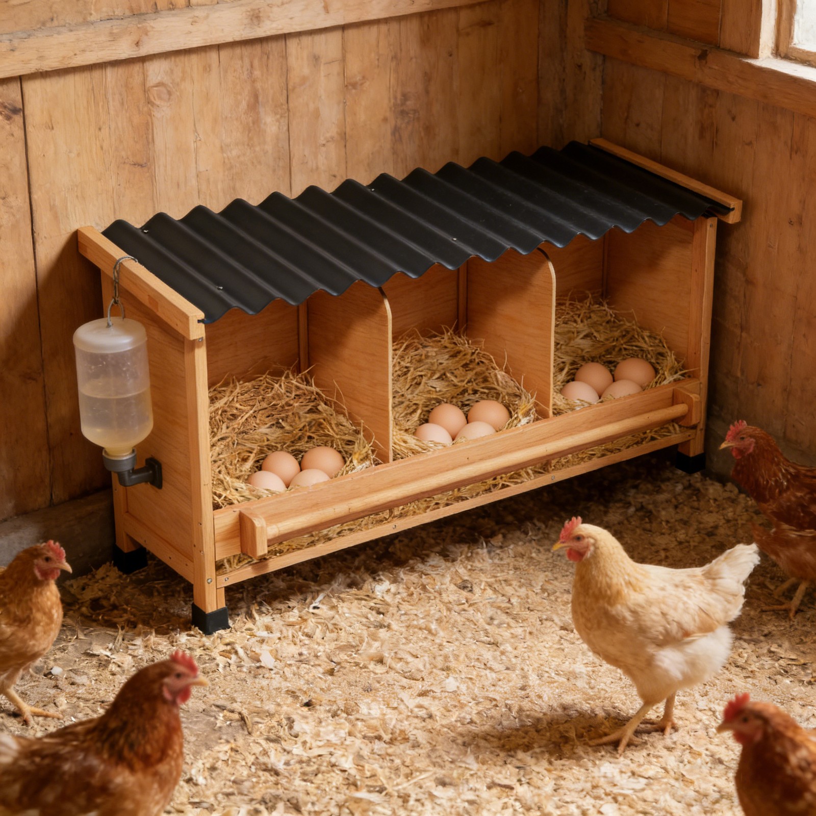 3 Hole Wooden Nesting Box with Perch，Chicken Egg Laying Box for Coop，Easy Clean