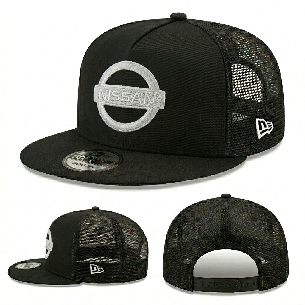Nissan Logo Embroidered New Era 59Fifty Black Mesh Trucker Snapback Cap