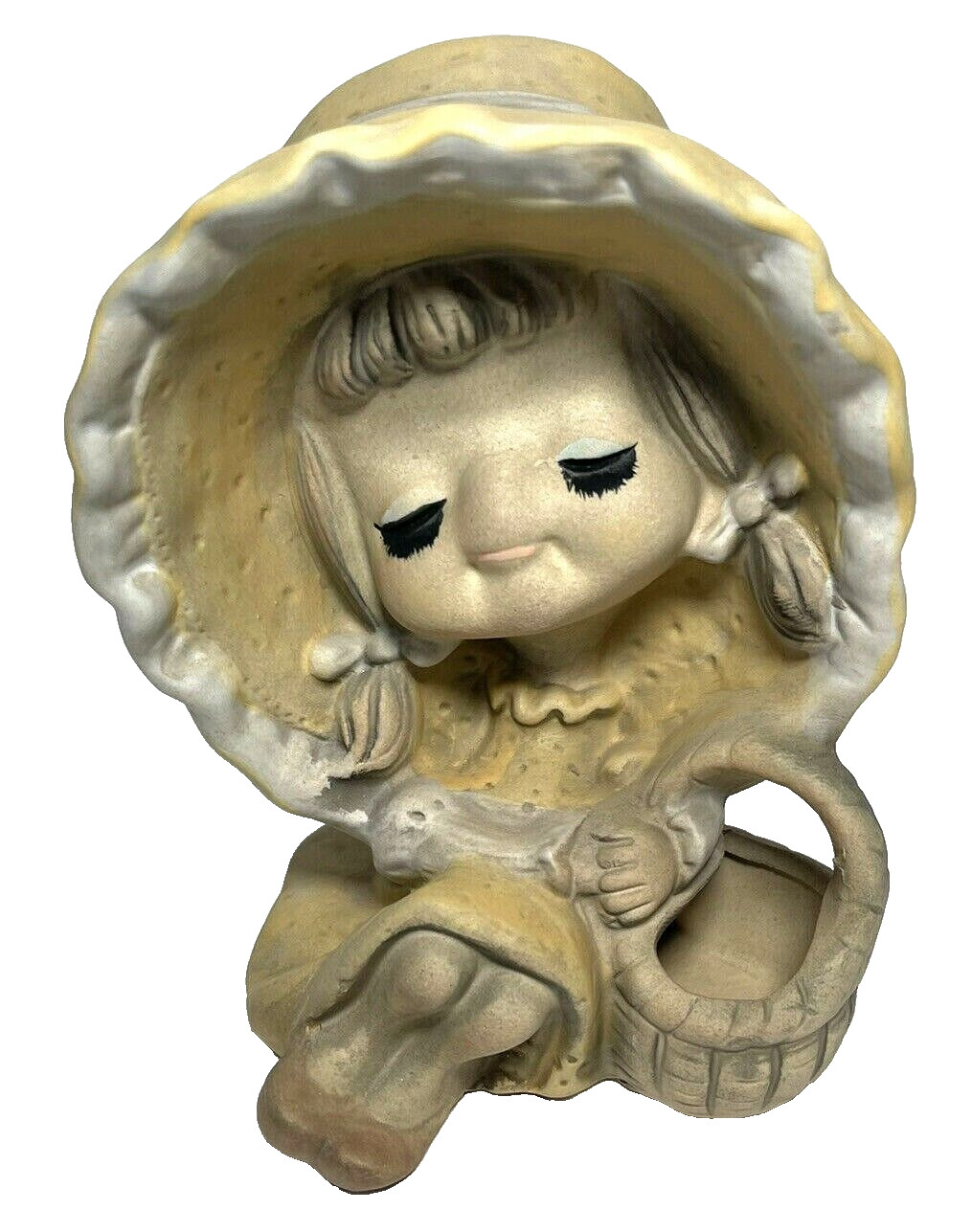 1960's Bisque Ceramic Planter Big Eye Girl Sitting Bonnet Basket Retro Japan 6"
