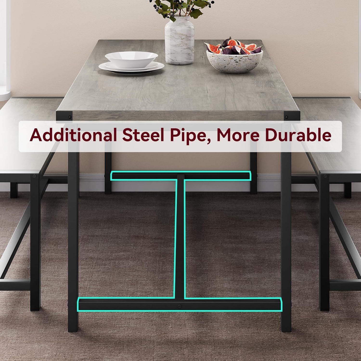 Kitchen Dining Table Set for 4 People Dinner Table with 2 Bench for Dining Room