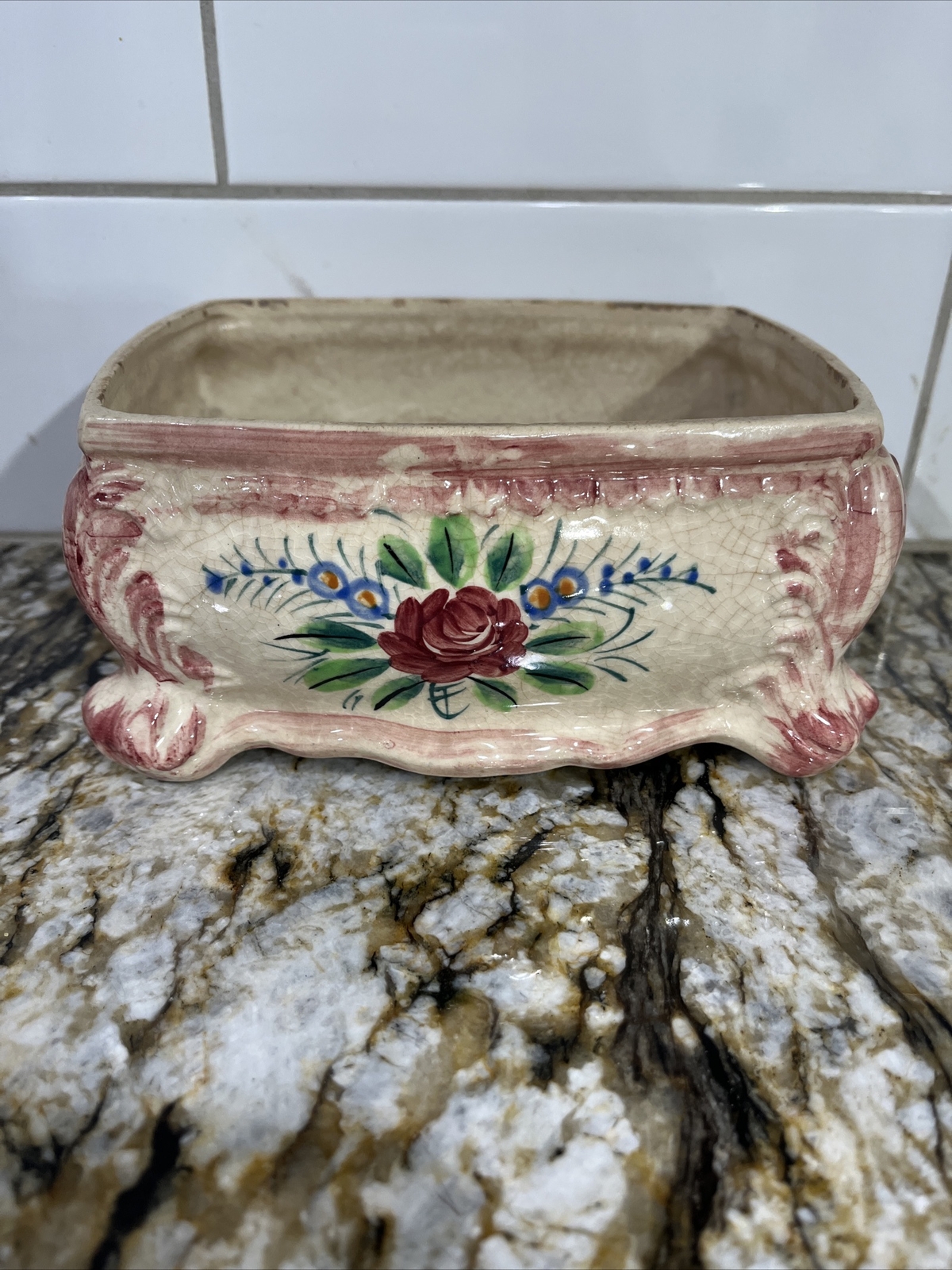 Vintage MIYATA Cream Pink Blue Green Rectangular Planter Japan Hand Painted