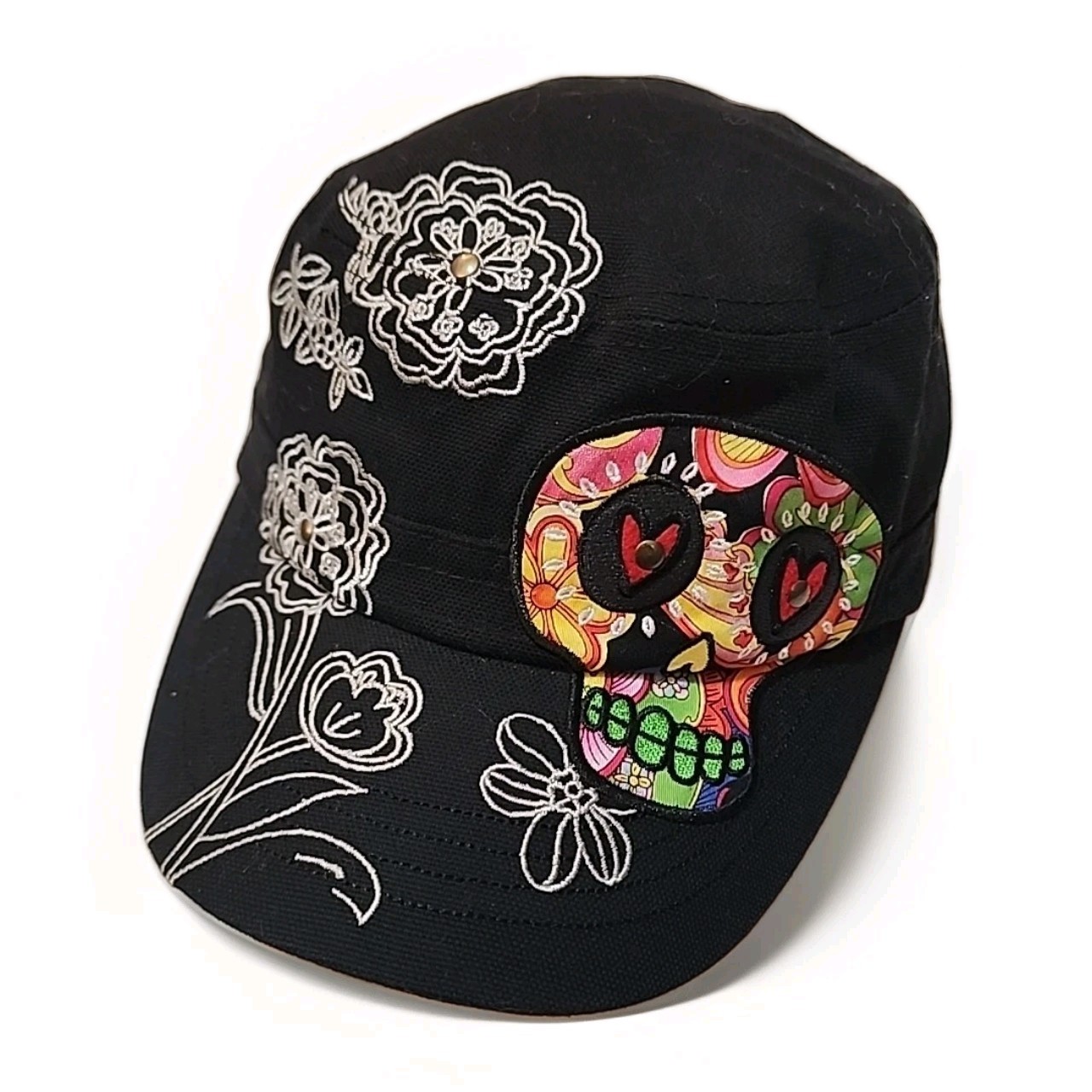 Karma Sugar Skull Floral Baseball Cap Hat OS Black Multi Embroidery Cotton R1